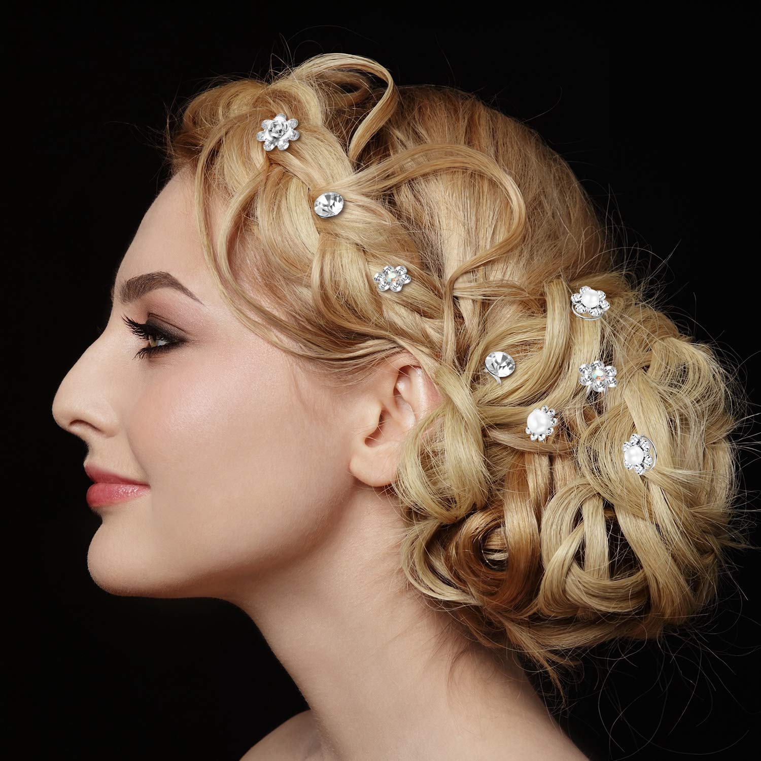 Yaomiao 116 Pcs Rhinestone Hair Pins Wedding Bridal Hair Accessories Crystal Pearl Hair Clips Flower Spiral Hairstyles Pin Swirl
