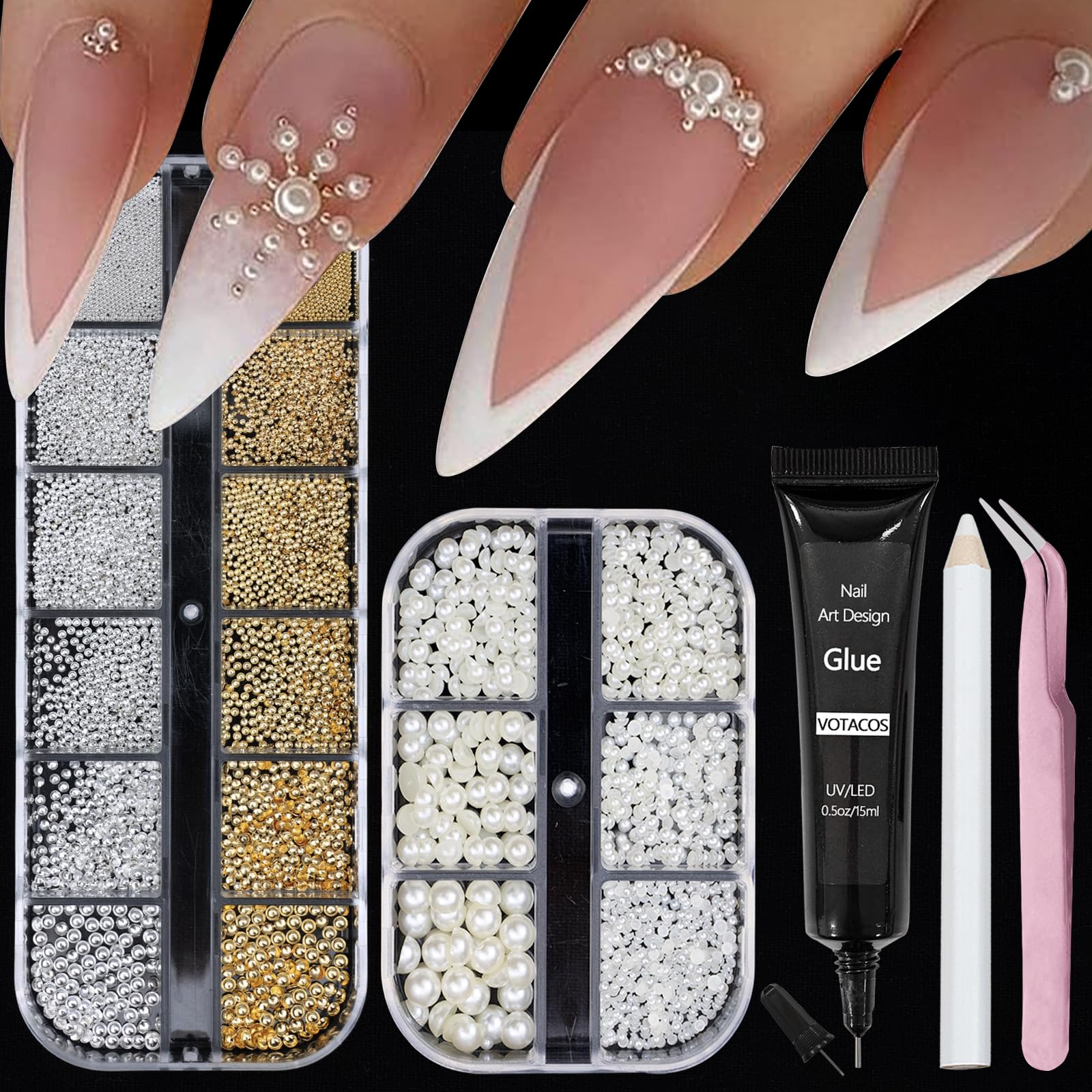 VOTACOS Nail Art Pearls with Nail Rhinestones Glue Gel Flatback Pearls Nail Charms Luxurious Nail Supplies Accessories Gold Silv