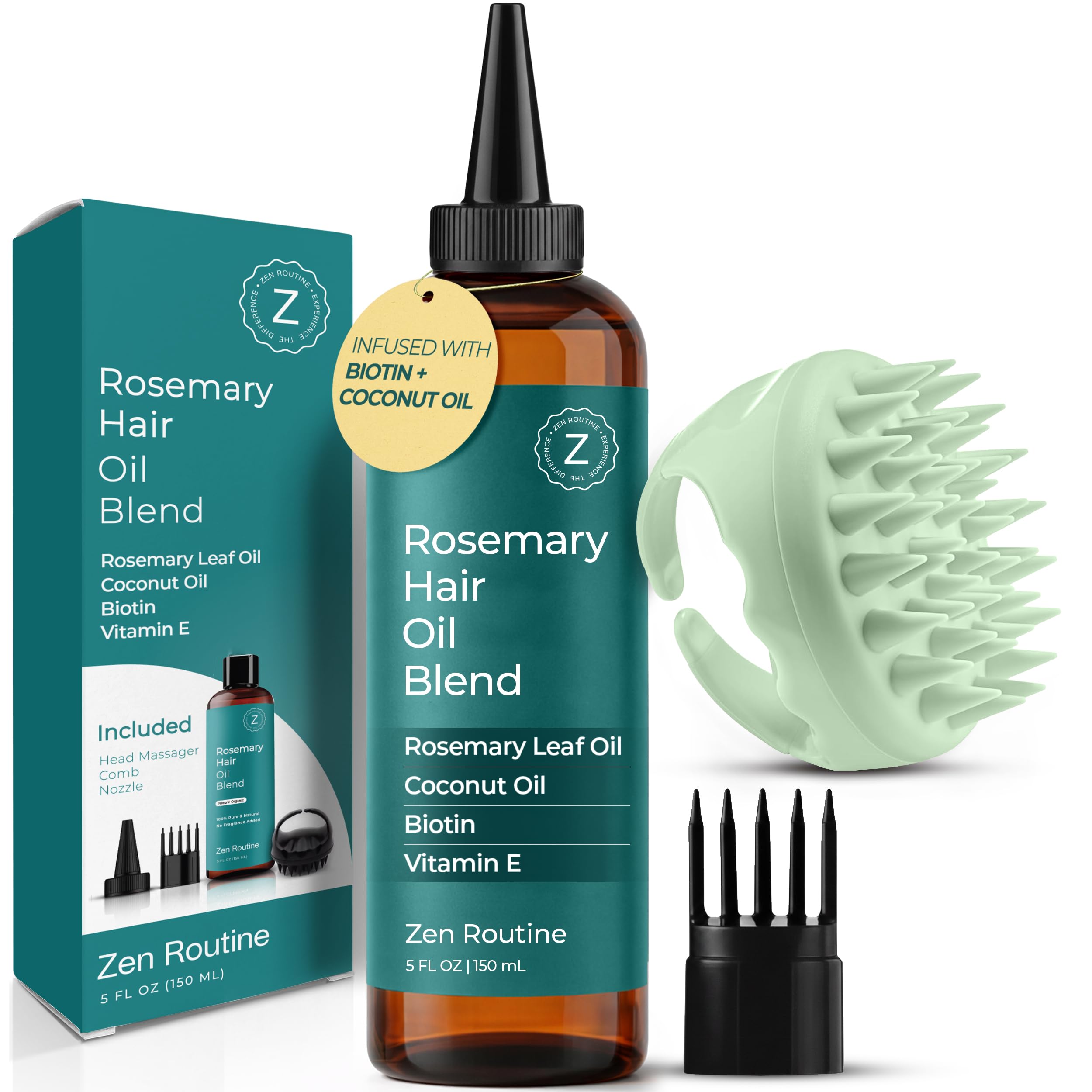 Rosemary Oil for Hair Growth + Scalp Massager Set | Strengthening Biotin & Coconut Oil  Hair Thickening Serum  Dry Head, Frizz