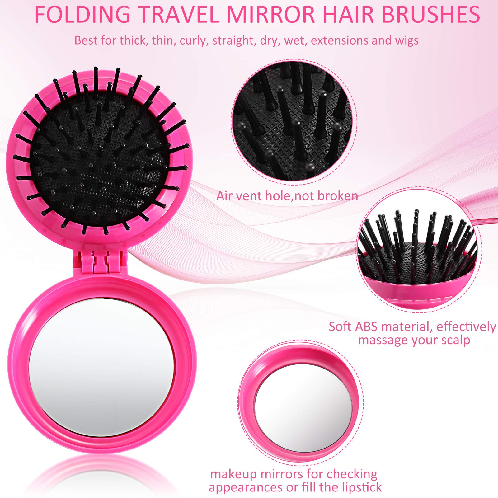 2 Pieces Round Folding Travel Size Hair Brushes, Mini Massage Comb, And Compact Travel Mirror For Women And Girls (Black, Rose R