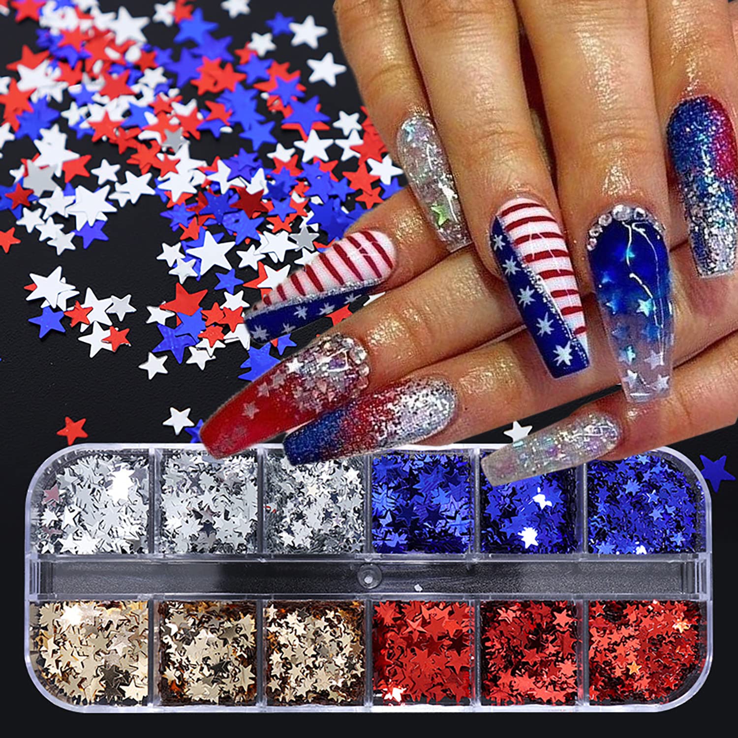 12 Grids Stars Nail Art Glitter Sequins 3D Holographic Nail Glitter Flakes Design Independence Day Acrylic Nail Sequins America 