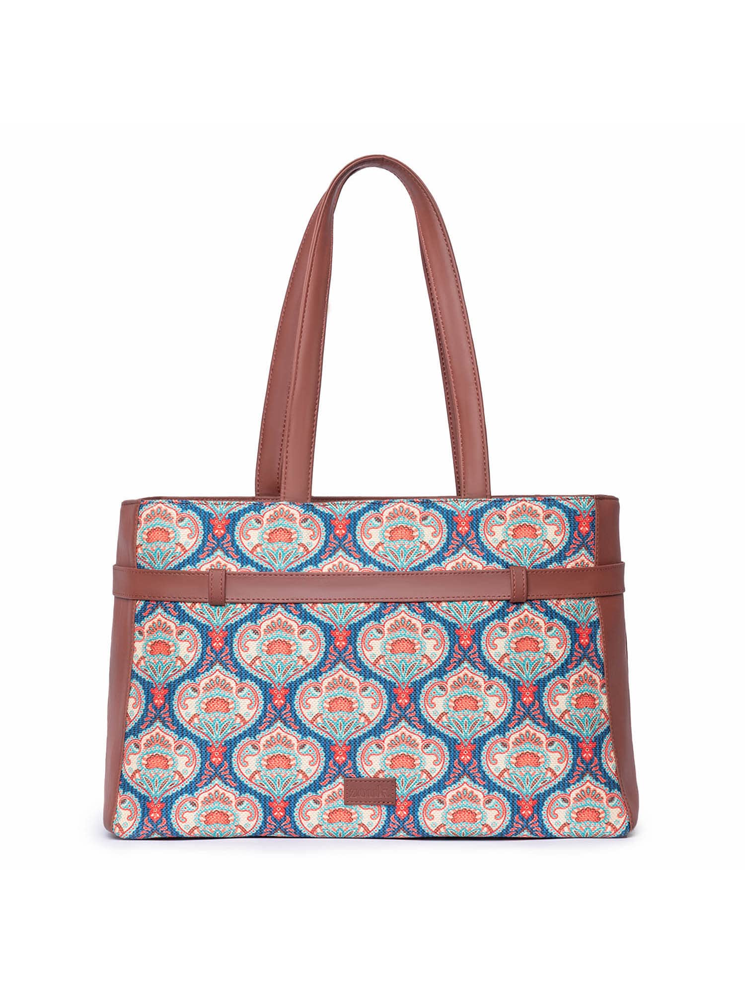 Zouk Kovil Blue Motif Printed WomenS Jute Handcrafted Vegan Leather Blue Statement Office Shoulder Bag