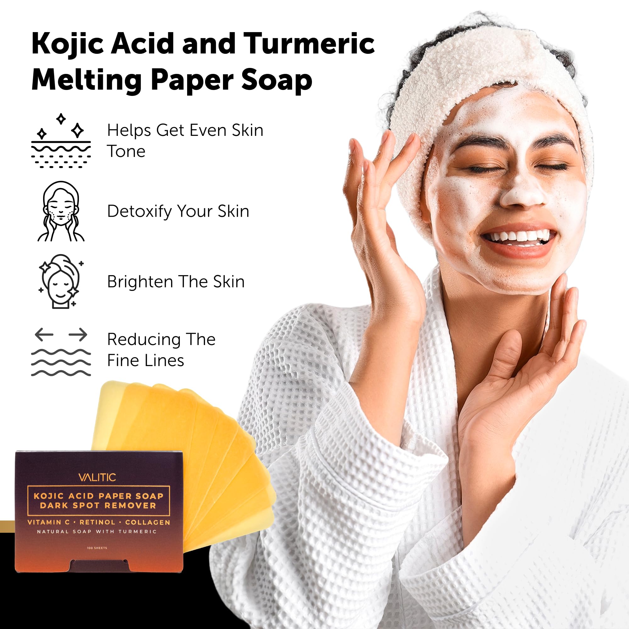 VALITIC Kojic Acid Dark Spot Corrector Paper Soap - Travel Size - 100 Portable and Dissolvable Soap Sheets -with Vitamin C, Reti