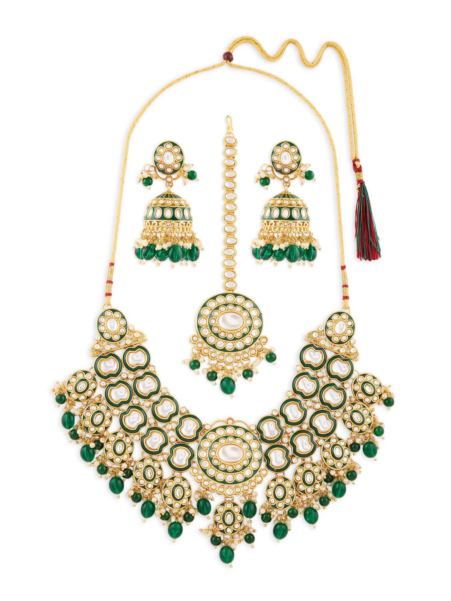 Zaveri Pearls Green Meenakari Dazzling Stones Beads Drop Necklace Earring & Maangtikka Set For WomenZpfk21648
