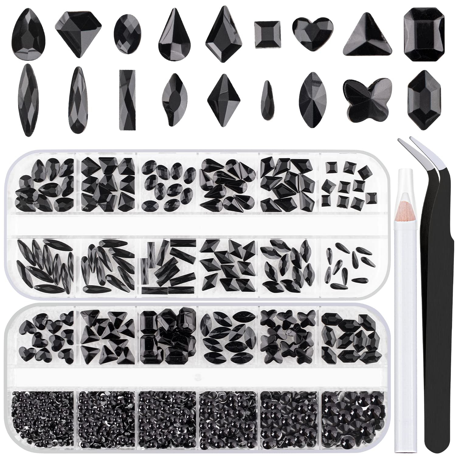 18 Styles Multi-shaped Glass Gemstones for Nails and 6 Sizes Round Crystal Rhinestones Kit #4, Black Nail Art Charm Bead Manicur