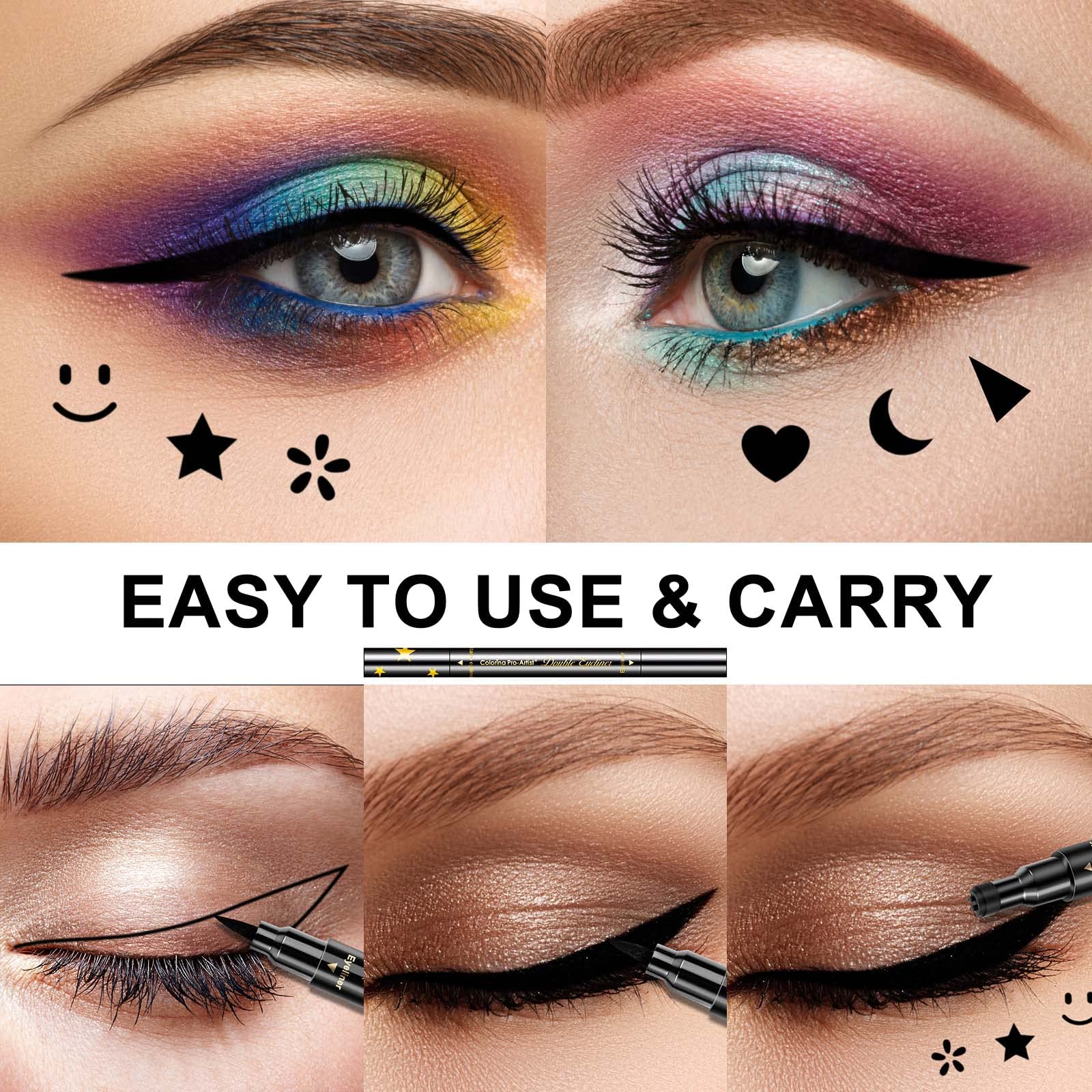 Sumeitang 6 Pcs Double-Headed Eyeliner Stamps Set Black Liquid Eye Liner Pen With Star,Moon,Heart,Flower,Smiley,Triangle Stamp S
