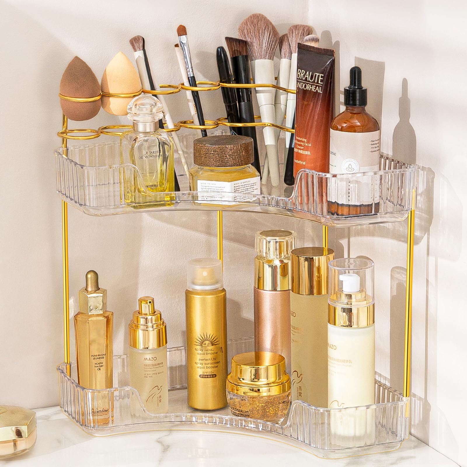 Nature'S Source Makeup Organizer For Vanity, 2-Tier Corner Bathroom Organizer Countertop With Makeup Brush Holder, Corner Counte