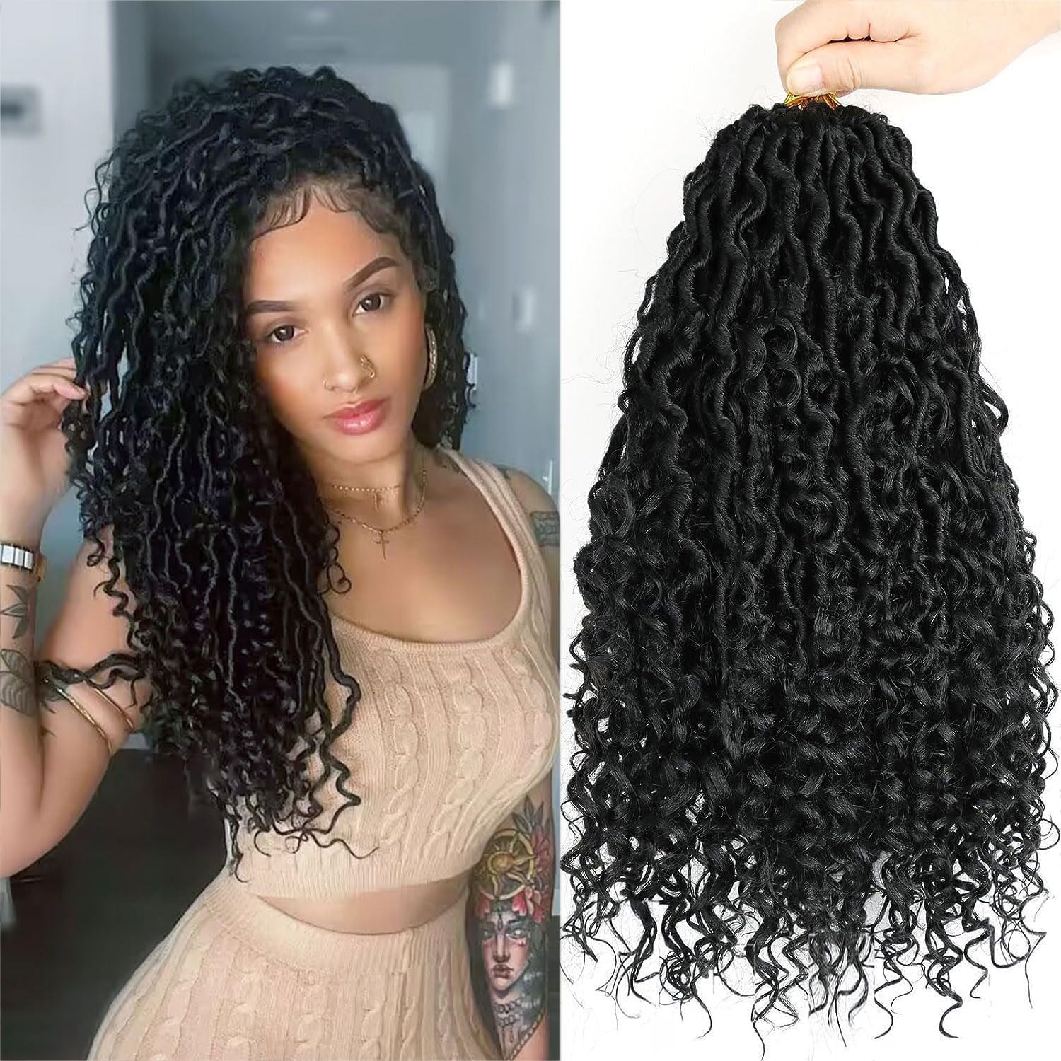 LMZIM 14 inch Goddess Locs Crochet Hair 8 Packs Faux Locs Crochet Hair for Women Pre Looped Hippie Locs Crochet Hair with Curly 