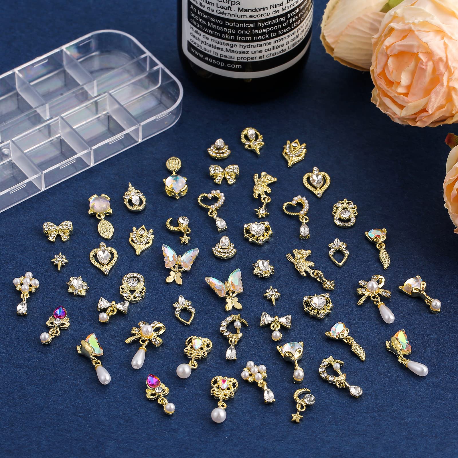 48 Pcs Dangle Nail Charms Luxury Rhinestones for Nails Heart Charms Gold Nail Gems Crystal Metal Nail Diamonds Stones for 3D Nai