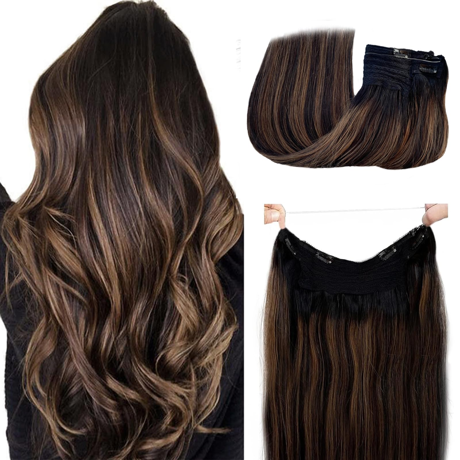 20Inch 100g Human Hair Halos Extensions Ombre Black to Chestnut Brown Balayage Halos Hair Extensions Real Human HairBlack with B
