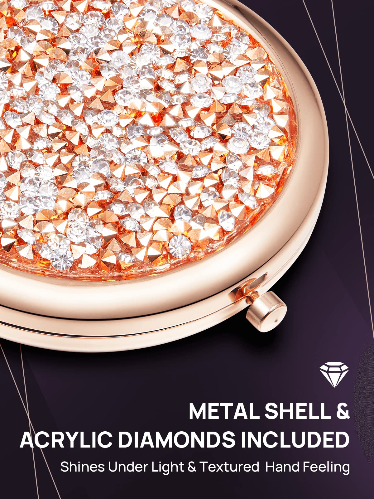Omiro 1X/10X(300R) Magnifying Compact Mirror, Mini Mix Diamond Metal Pocket Makeup Mirror (Rose Gold)