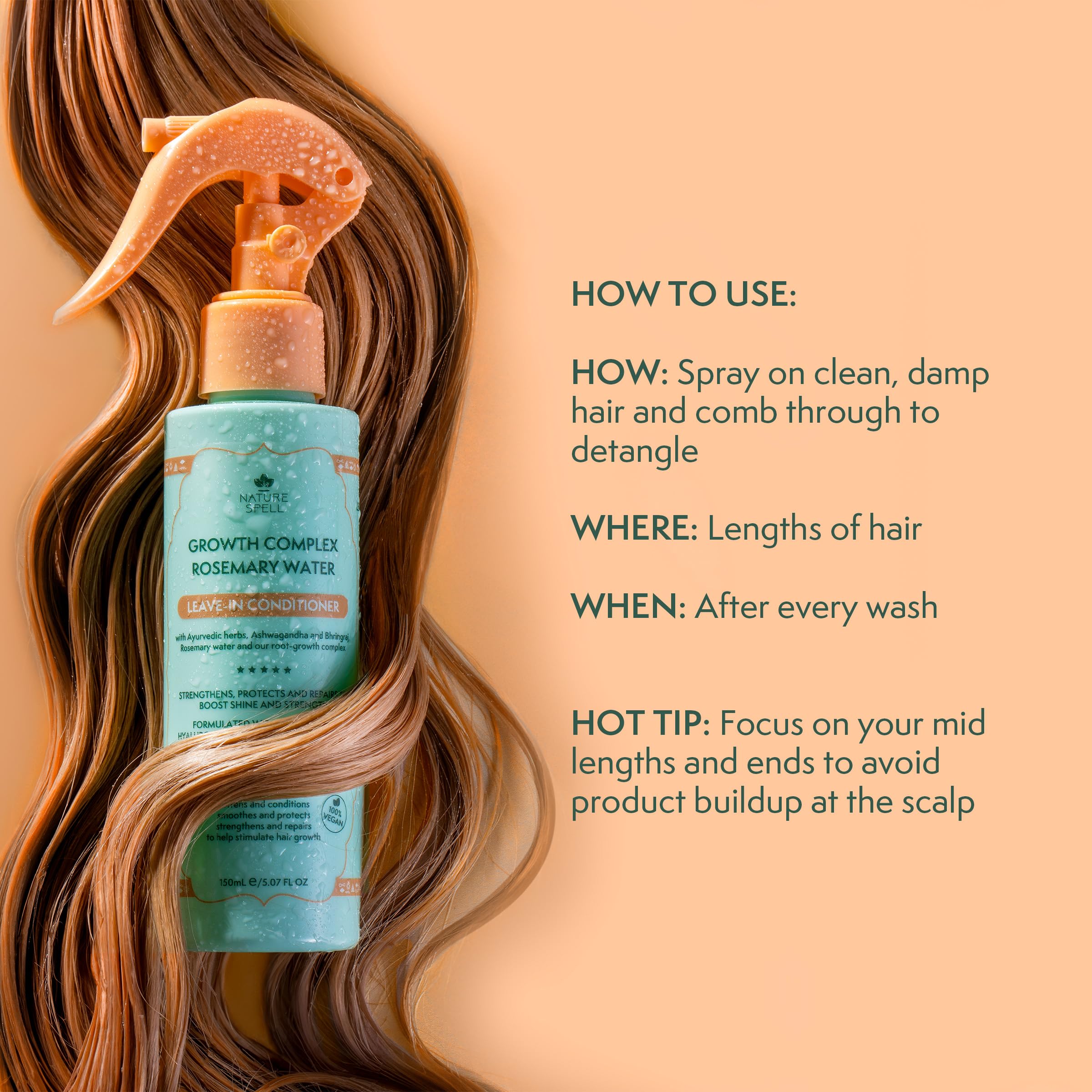Nature Spell Rosemary Water Leave in Conditioner, Promotes Hair Growth, Heat Protection Spray, Detangling, Smoothes & Adds Shine