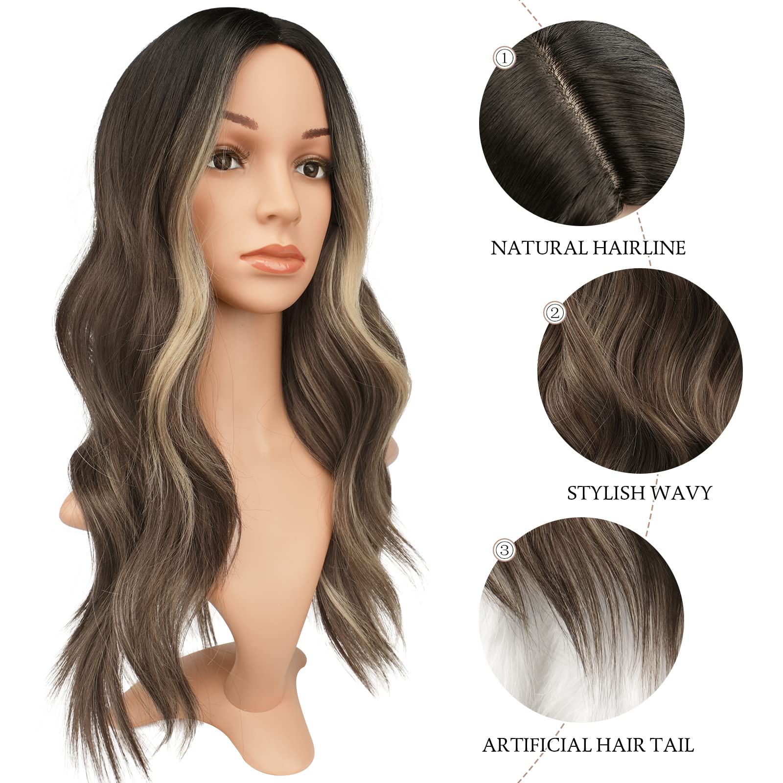 Feshfen Long Brown Blonde Wavy Wig, Long Wavy 22 Inch Middle Parting Wig For Women Natural Wavy Heat Resistant Synthetic Wig For