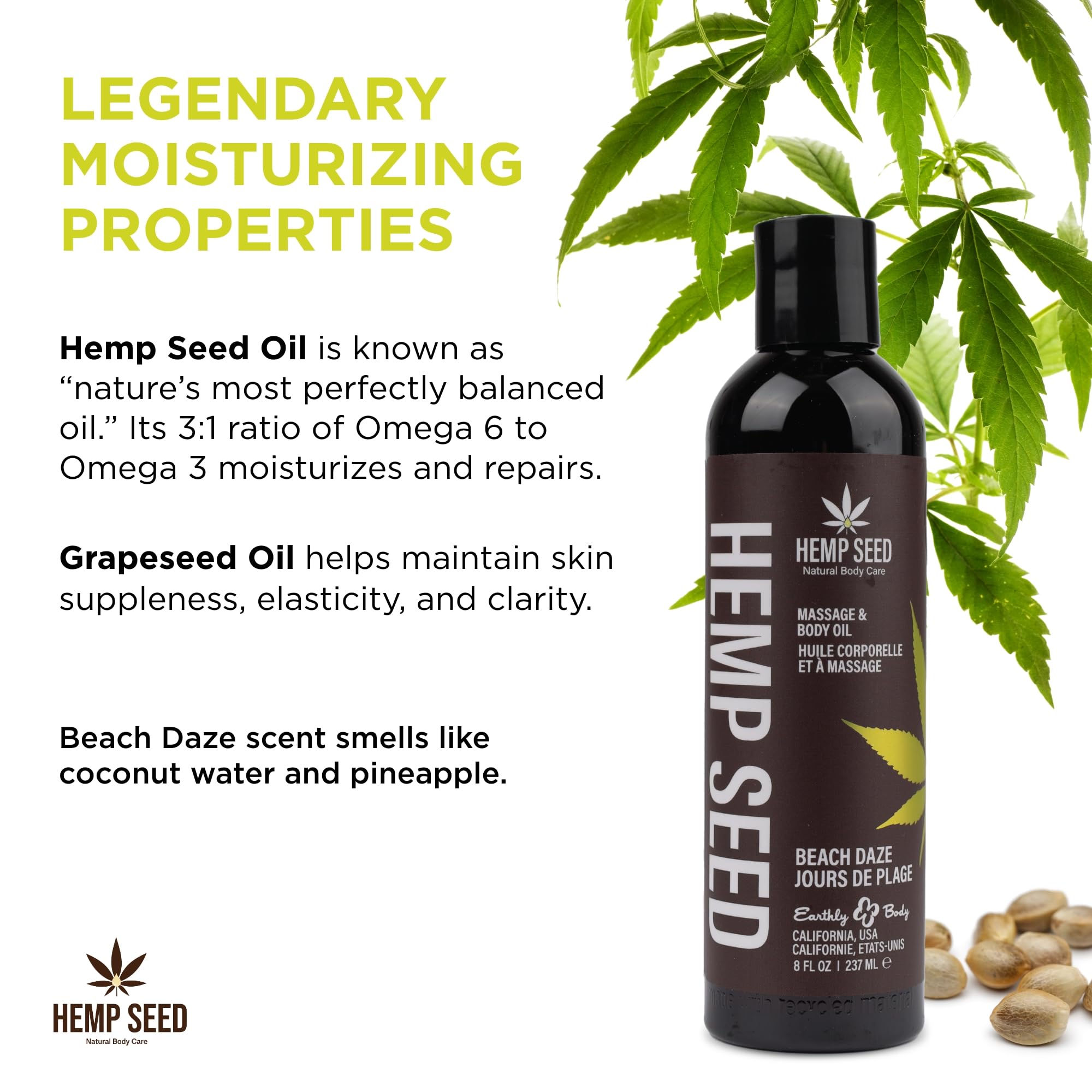 Hemp Seed Massage & Body Oil, Beach Daze Scent - 8 fl. oz. - Nourishing, Moisturizing Massage Oil - Hemp Seed, Apricot, Grapesee