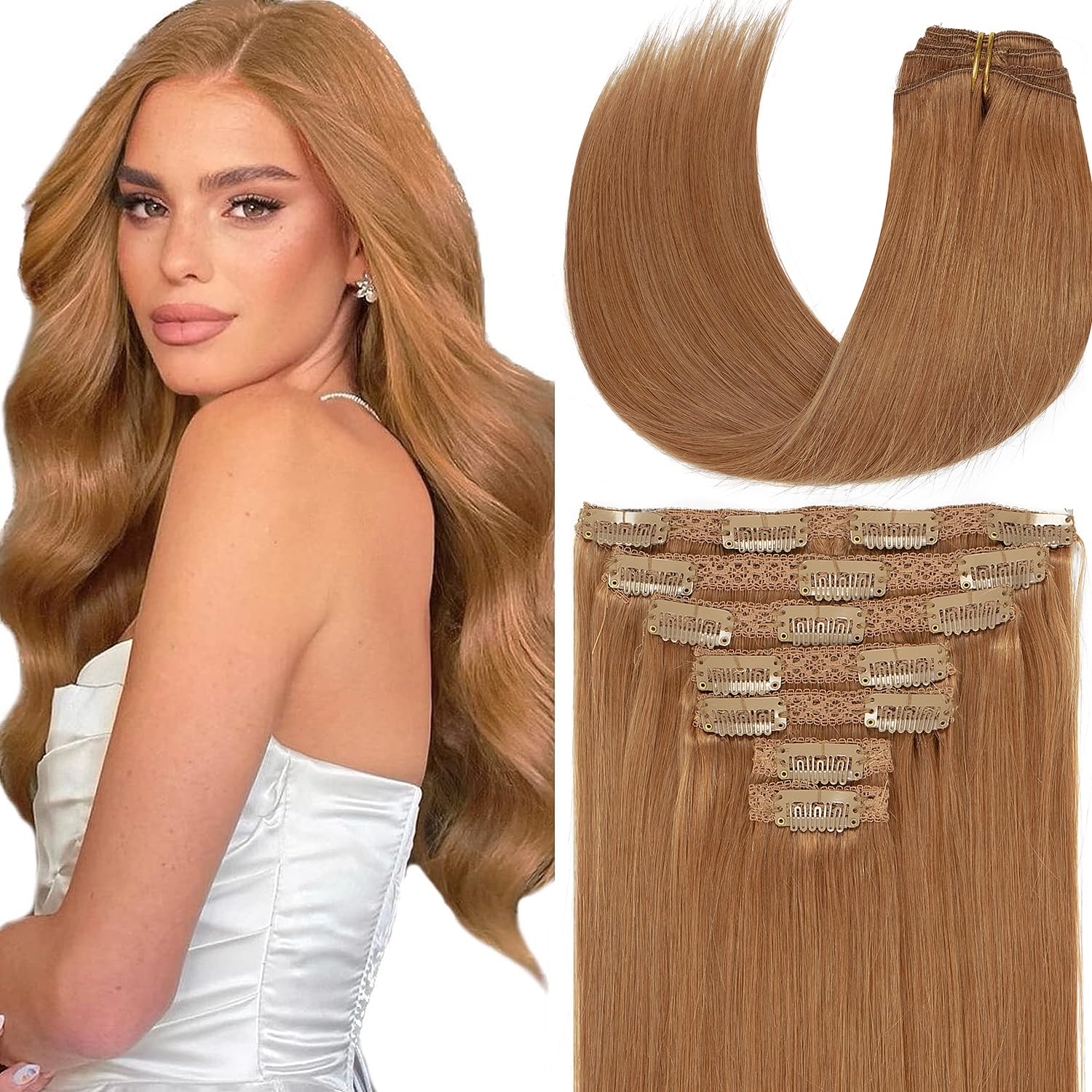 Loxxy 22 Inch Clip in Hair Extensions Human Hair Thick Silky Straight Clip in Double Weft #30 Auturn Blonde Brazilian Human Hair