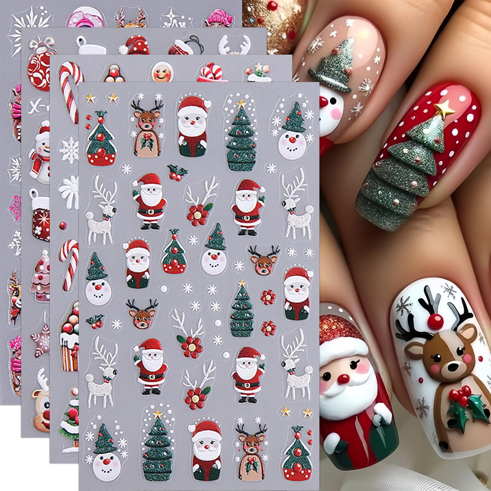 4 Sheets Christmas Nail Art Stickers 5D Embossed Snowman Snowflakes Nail Stickers Santa Claus Elk Penguin Nail Decals Christmas 