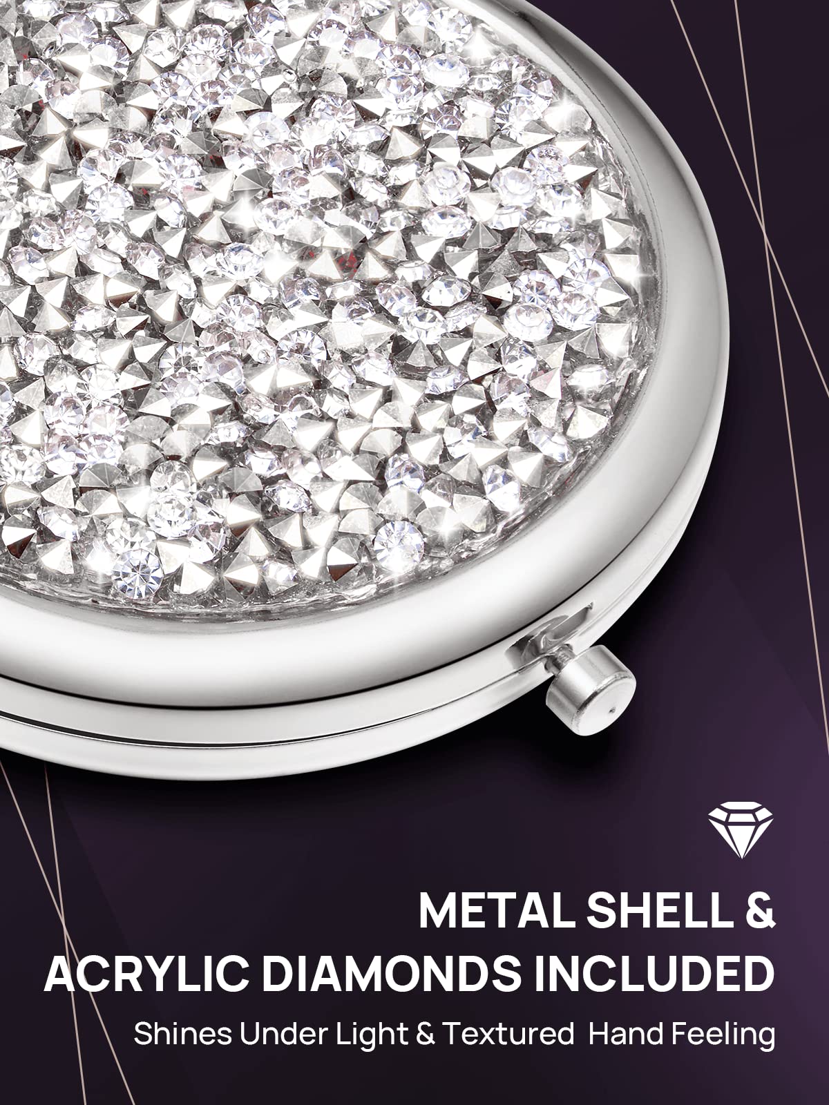 Omiro 1X/10X(300R) Magnifying Compact Mirror, Mini Mix Diamond Metal Pocket Makeup Mirror (Silver)
