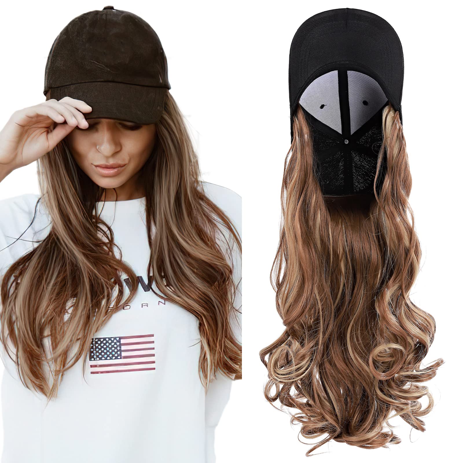 SEGO Baseball Cap with Hair Extensions for Women Heat Resistant Synthetic 16'' Adjustable Long Wavy Hairpiece Replacement Wigs i