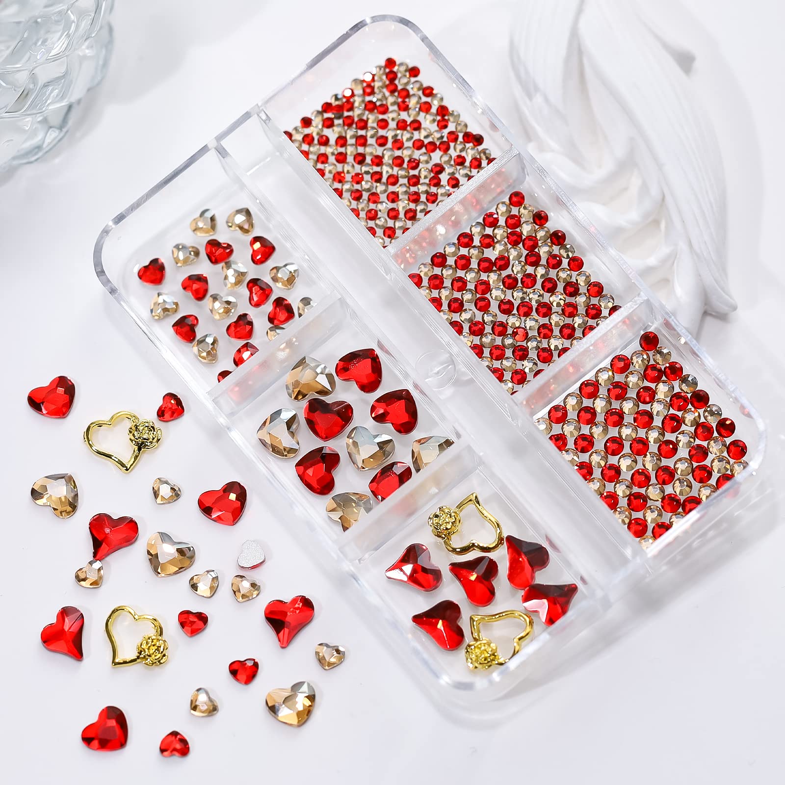 Mkwntg Red Heart Nail Charms Valentine'S Day Luxury Nail Art Rhinestones 3D Glitter Nail Jewelry Red Gold Round Beads Flat Back