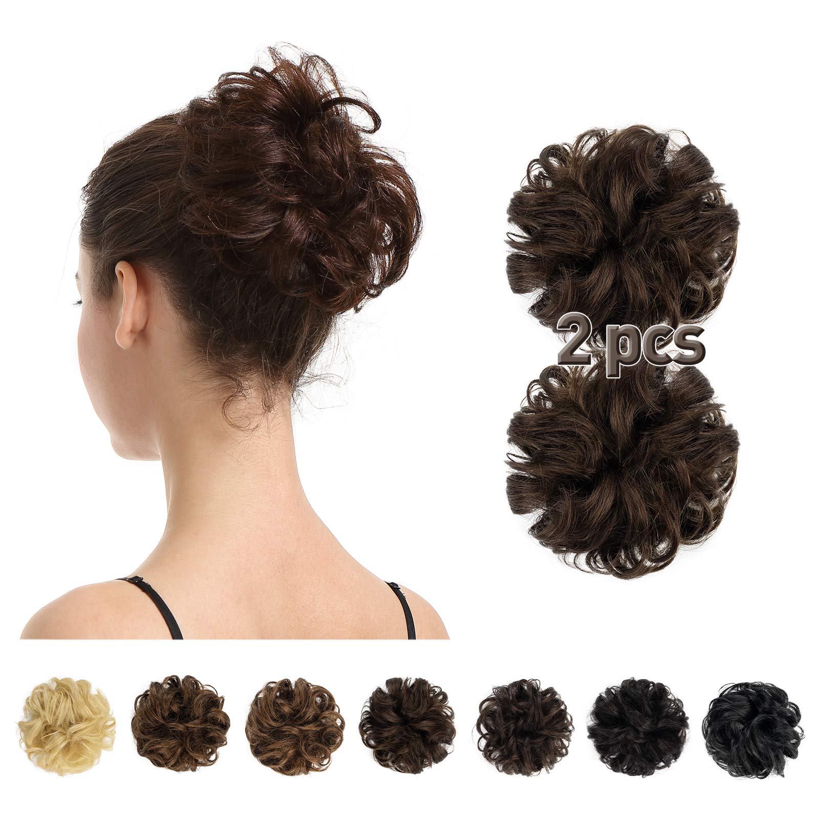 BARSDAR 100% Human Hair Bun Extension - 2 PCs Real Human Hair Messy Bun Hair Pieces Brown Hair Bun Extensions for Women - Real H