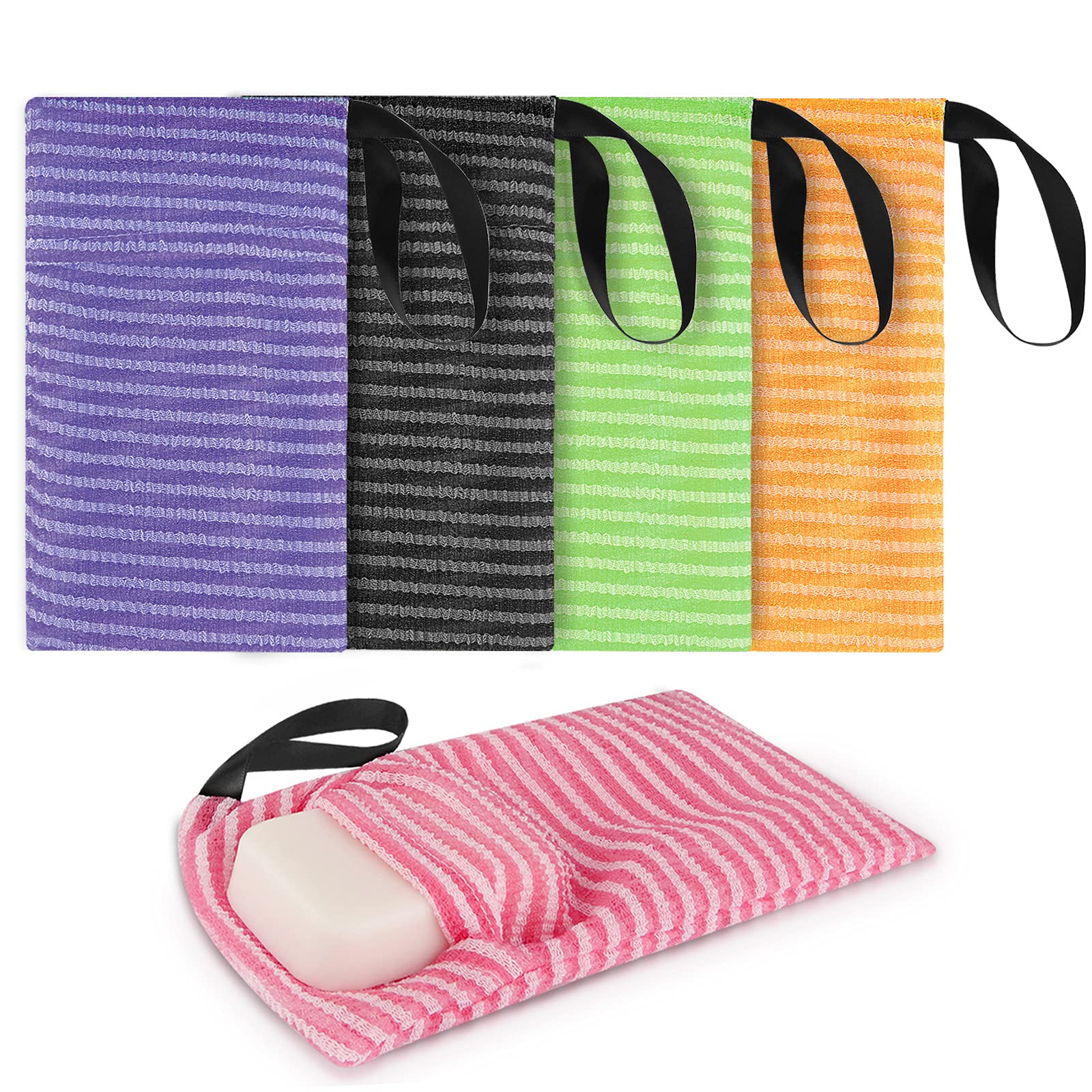 Linkidea 5 Pack Stripes Soap Bag For Soap Bars Bulk Pack, Wholesale Multi-Pack Exfoliating Sponge Body Scrubber Shower Soap Bag