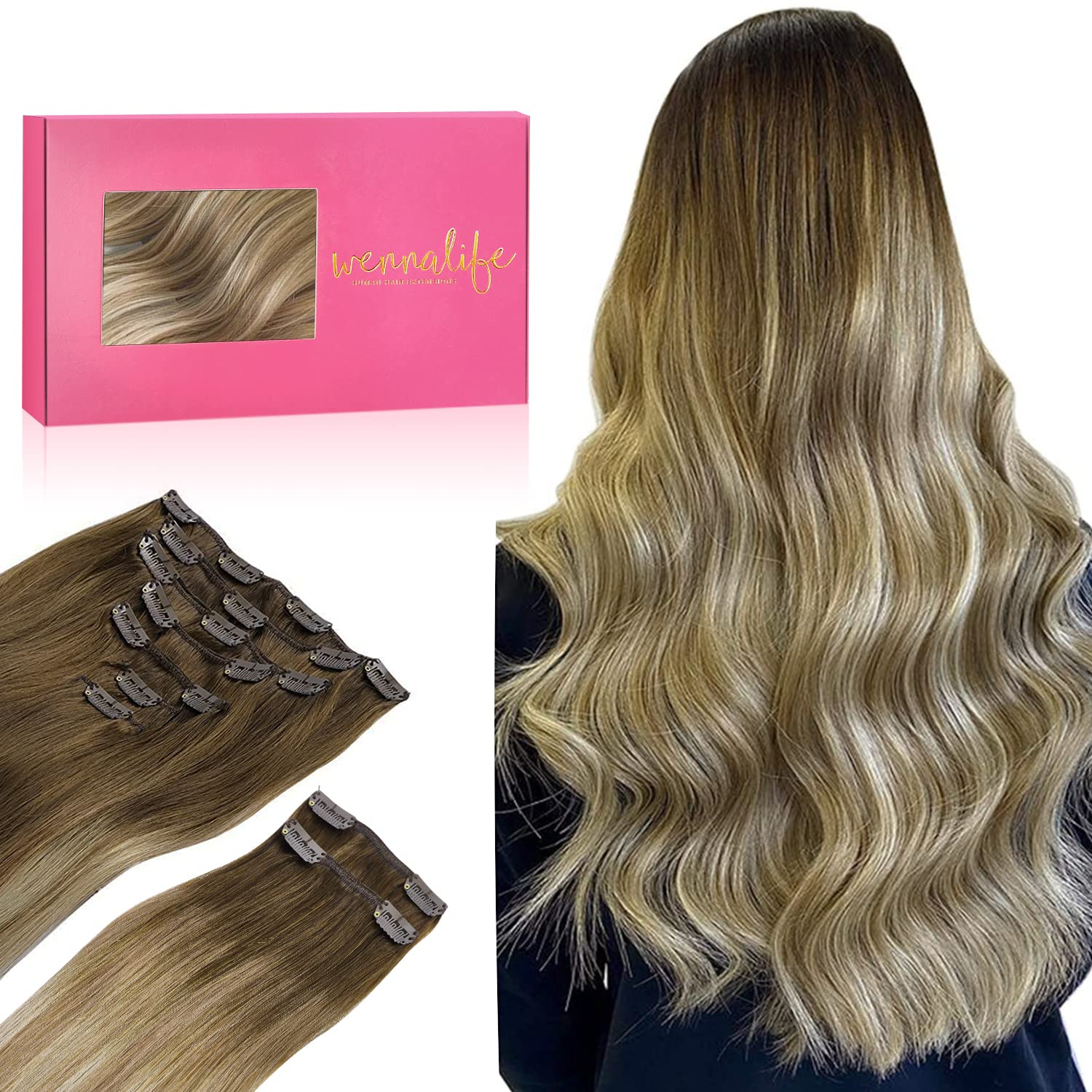 Wennalife Clip In Hair Extensions, 150G 20 Inch 9Pcs Ombre Walnut Brown To Ash Brown And Bleach Blonde Human Hair Extensions Thi