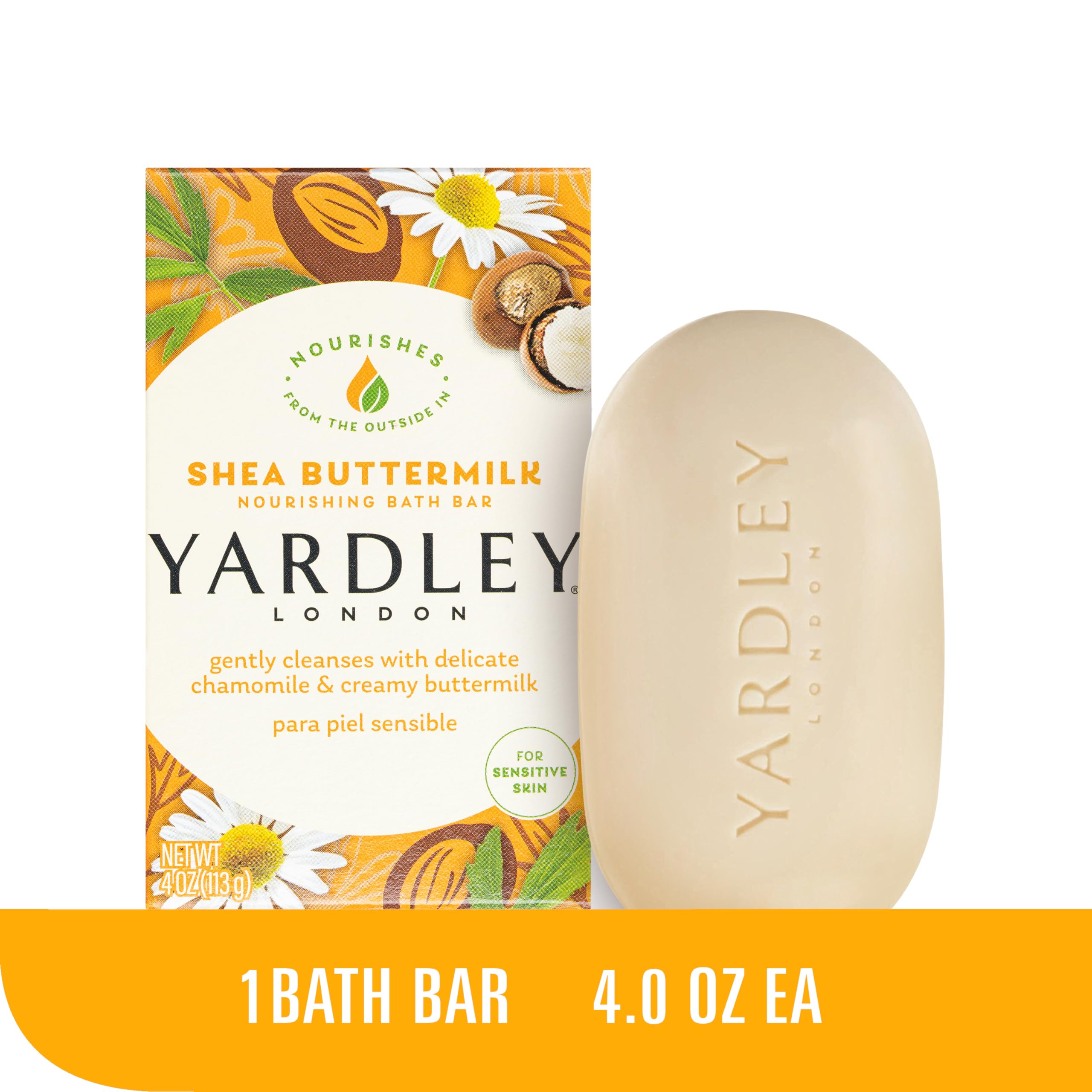 Yardley London Nourishing Bath Soap Bar Shea Buttermilk For Sensitive Skin, Gently Cleanses With Delicate Chamomile & Creamy But