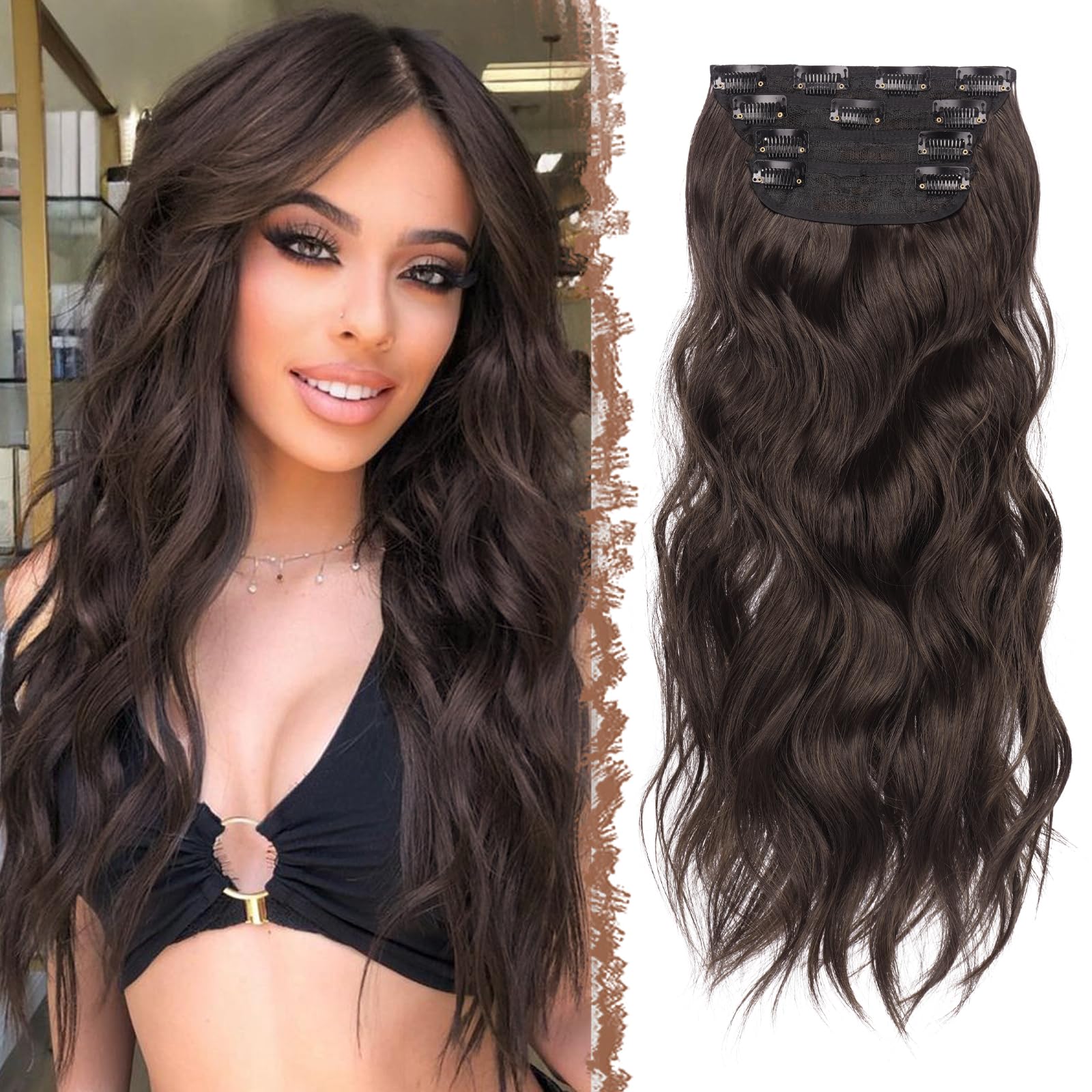 FESHFEN Clip in Hair Extensions 4 PCS Chocolate Brown with Dark Brown Thick Highlighted Hairpieces Long Wavy Clip in Hair Piece 
