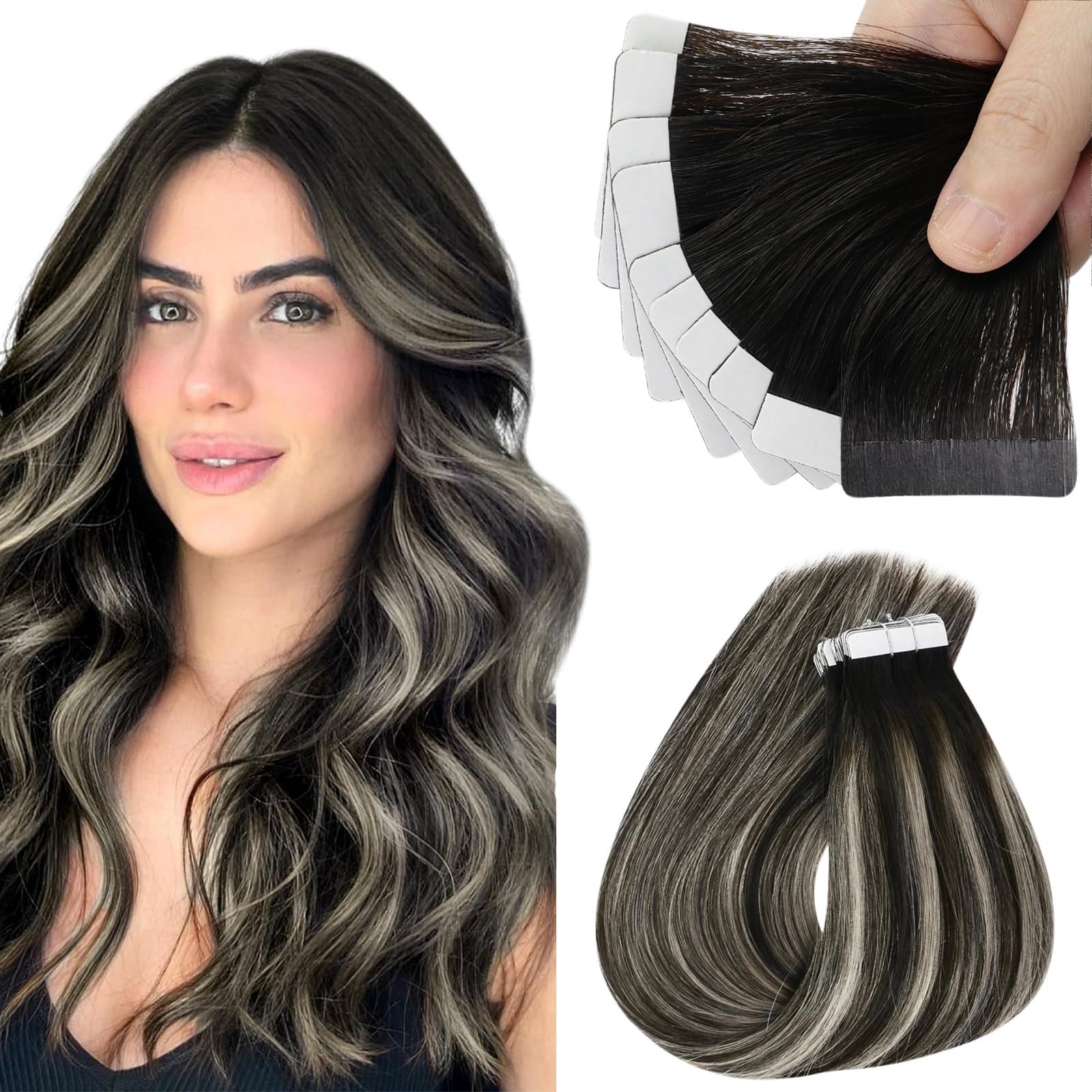 Sunny Hair Tape in Hair Extensions Real Human Hair Invisible Remy Hair Extensions Tape ins for Women Ombre Natural Black Root to