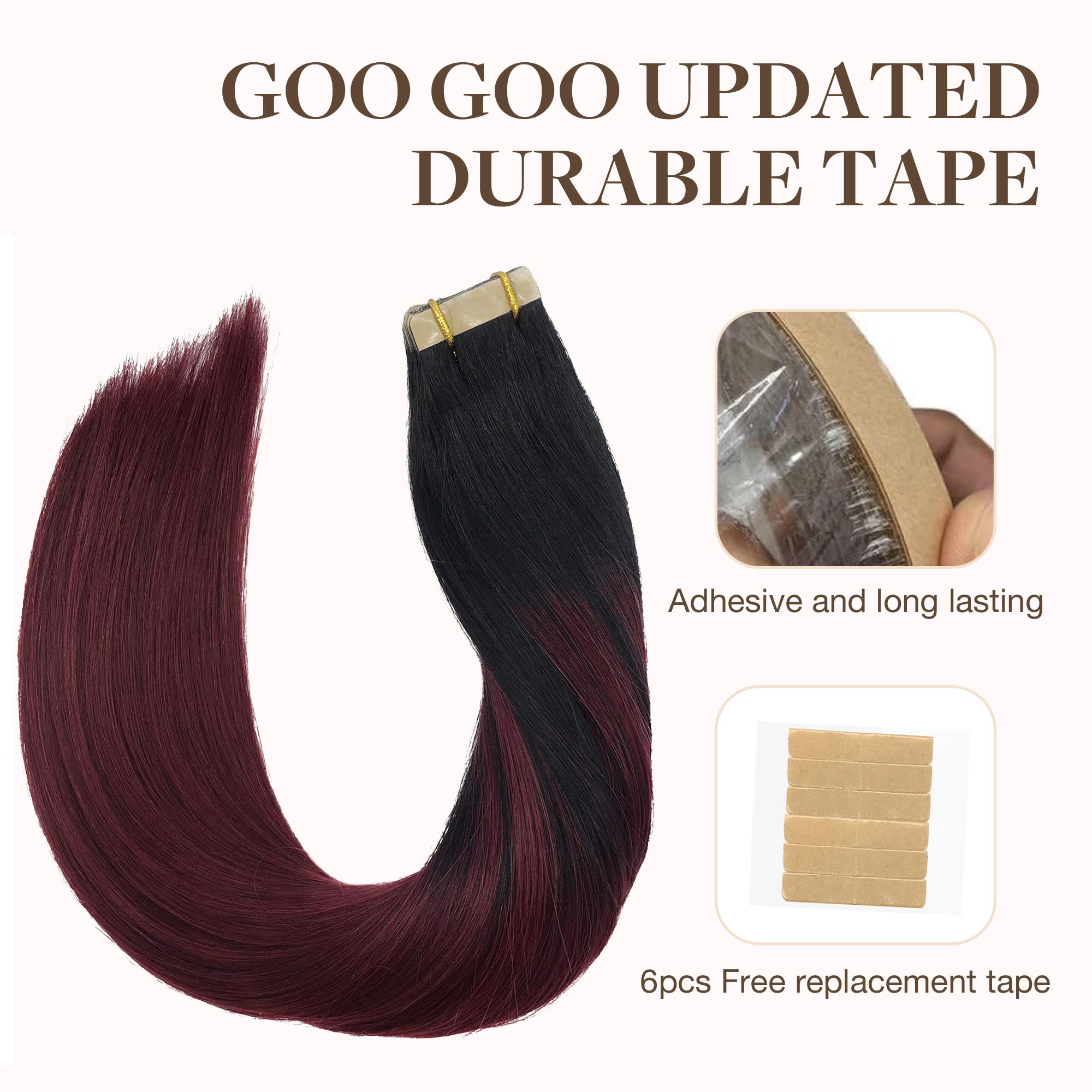 Goo Goo Tape In Hair Extensions Human Hair, 1/99 Balayage Jet Black To Red, 22Inch 30G 10Pcs, Thick Ends Straight Seamless Tape