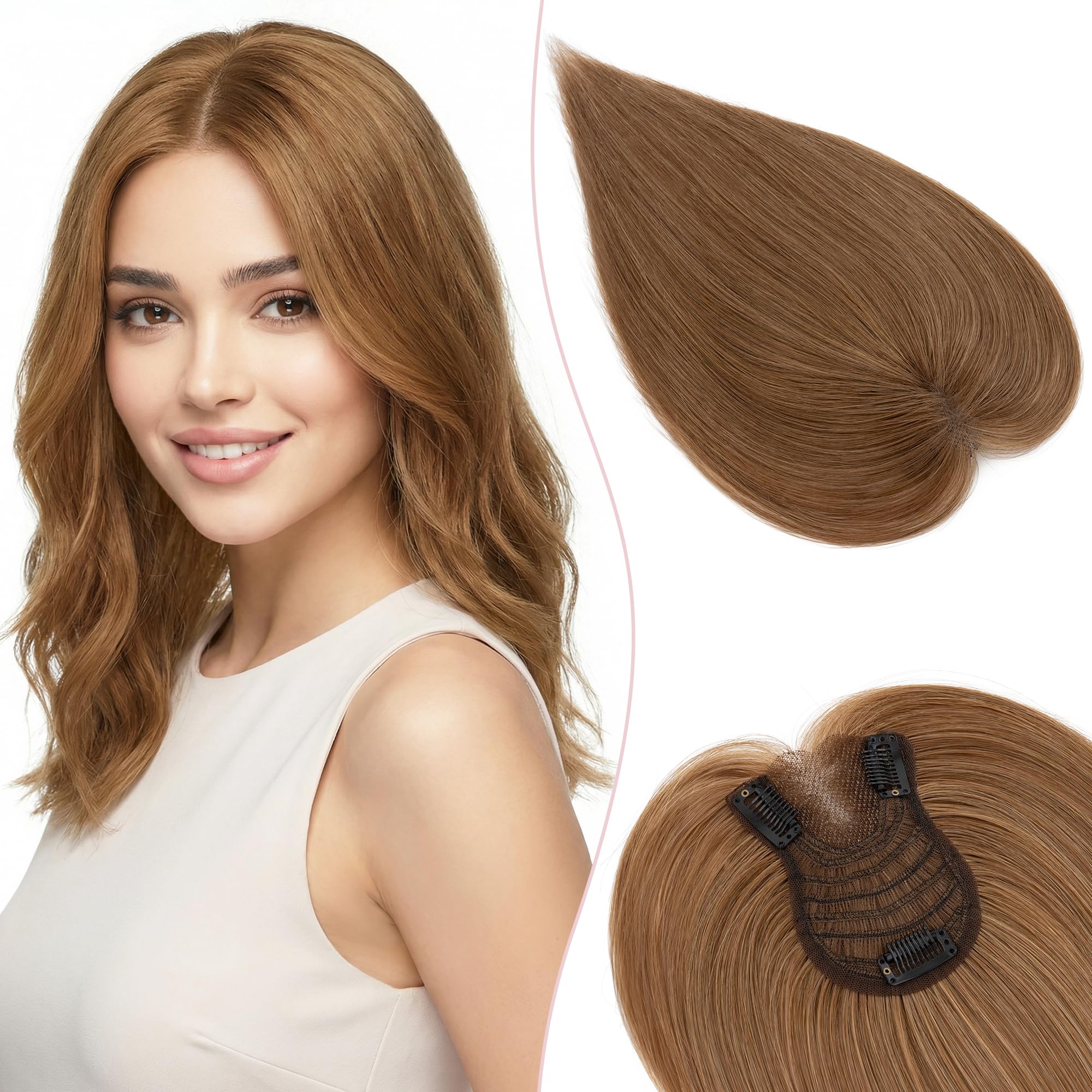 SEGO Hair Toppers for Women Human Hair Side Bangs, Hand-tied Lace Front Invisible Edges -14 Inch #06 Light Brown