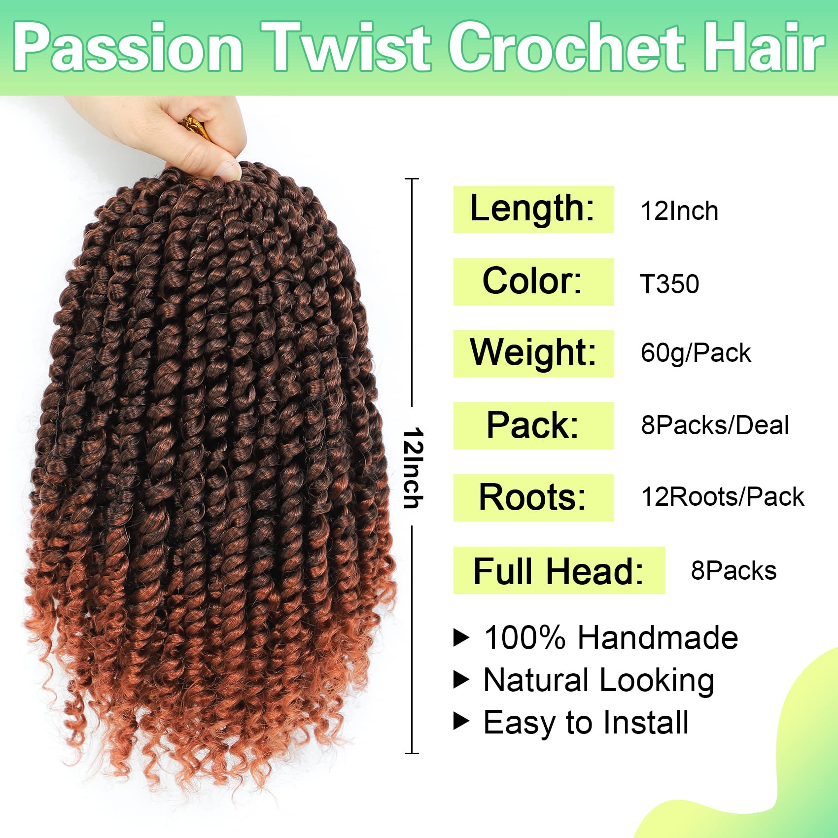 Passion Twist Crochet Hair 12Inch, Pre Looped Passion Twist Hair 8 Packs Short Passion Twist Crochet Hair For Black Women T350
