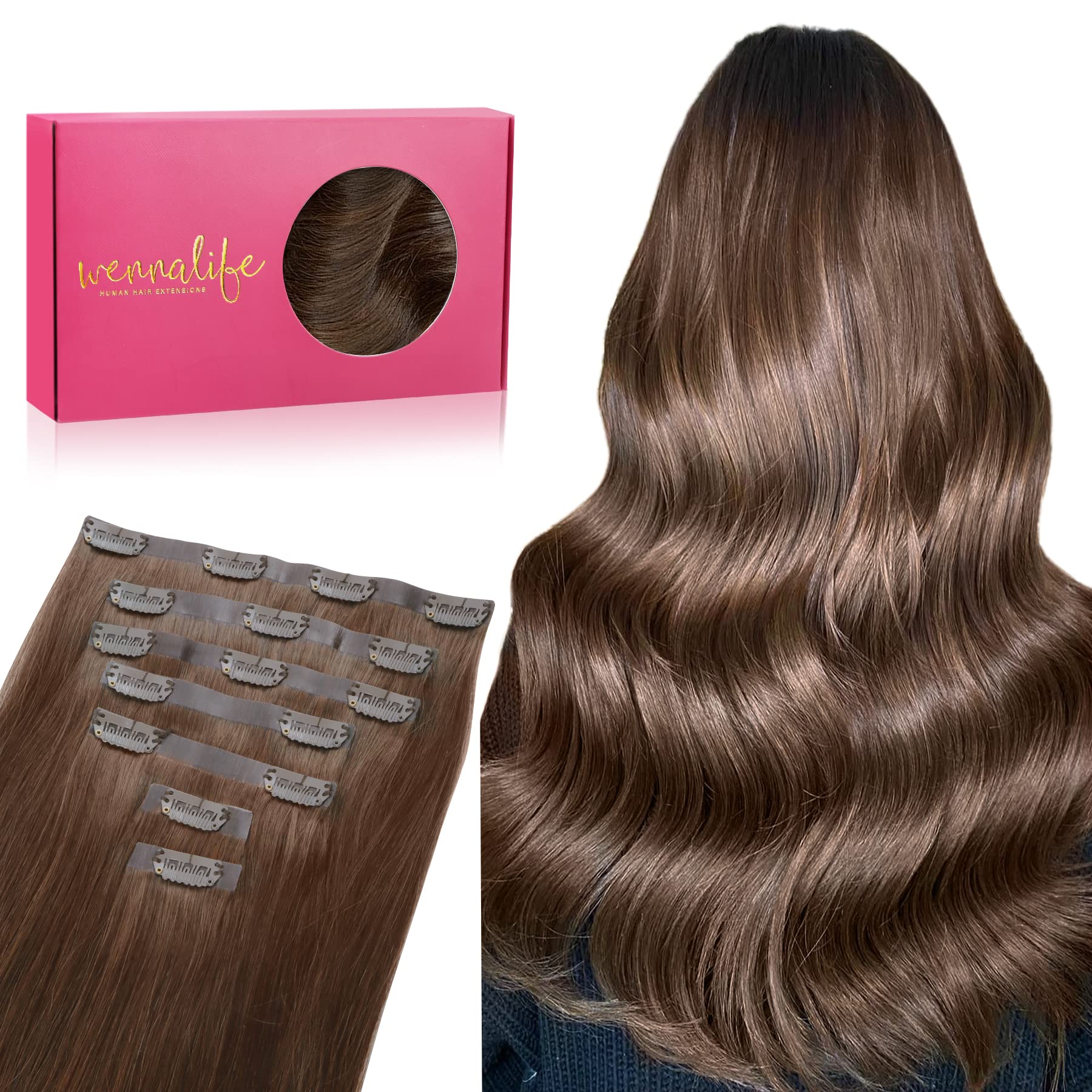 Wennalife Seamless Clip In Hair Extensions, 14 Inch 130G 7Pcs Chocolate Brown Hair Extensions Clip In Human Hair Invisible Pu Sk