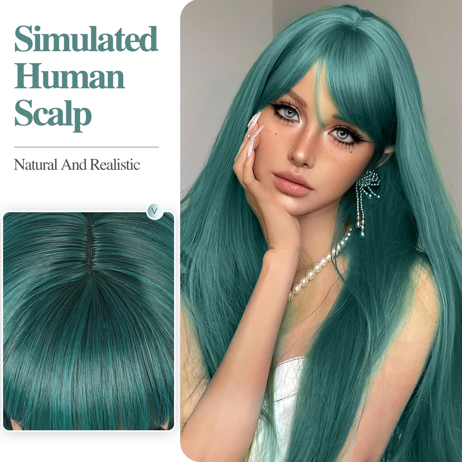 Wiger Long Green Wigs With Bangs Straight Dark Green Hair Wig For Women Long Bangs Wig Full Green Cosplay Wig For Girls Syntheti