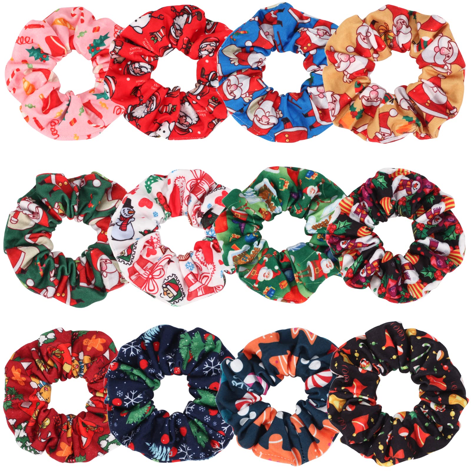 12 PCS Christmas Hair Scrunchies Snowflake Santa Christmas Tree Antlers Elk Snowman Hair Ties Soft Elastic Hair Bands for Women 