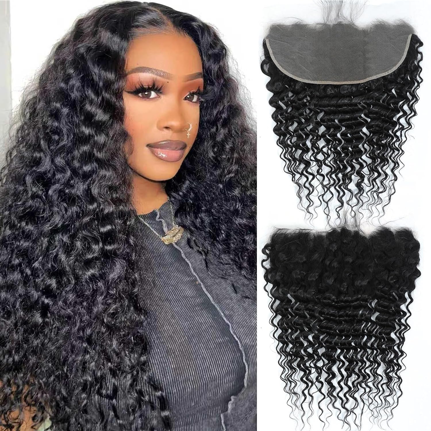 13x6 Frontal Deep Wave HD Transparent Lace Closure Deep Curly Natural Hairline 150% Density 100% Brazilian Virgin Human Hair Nat