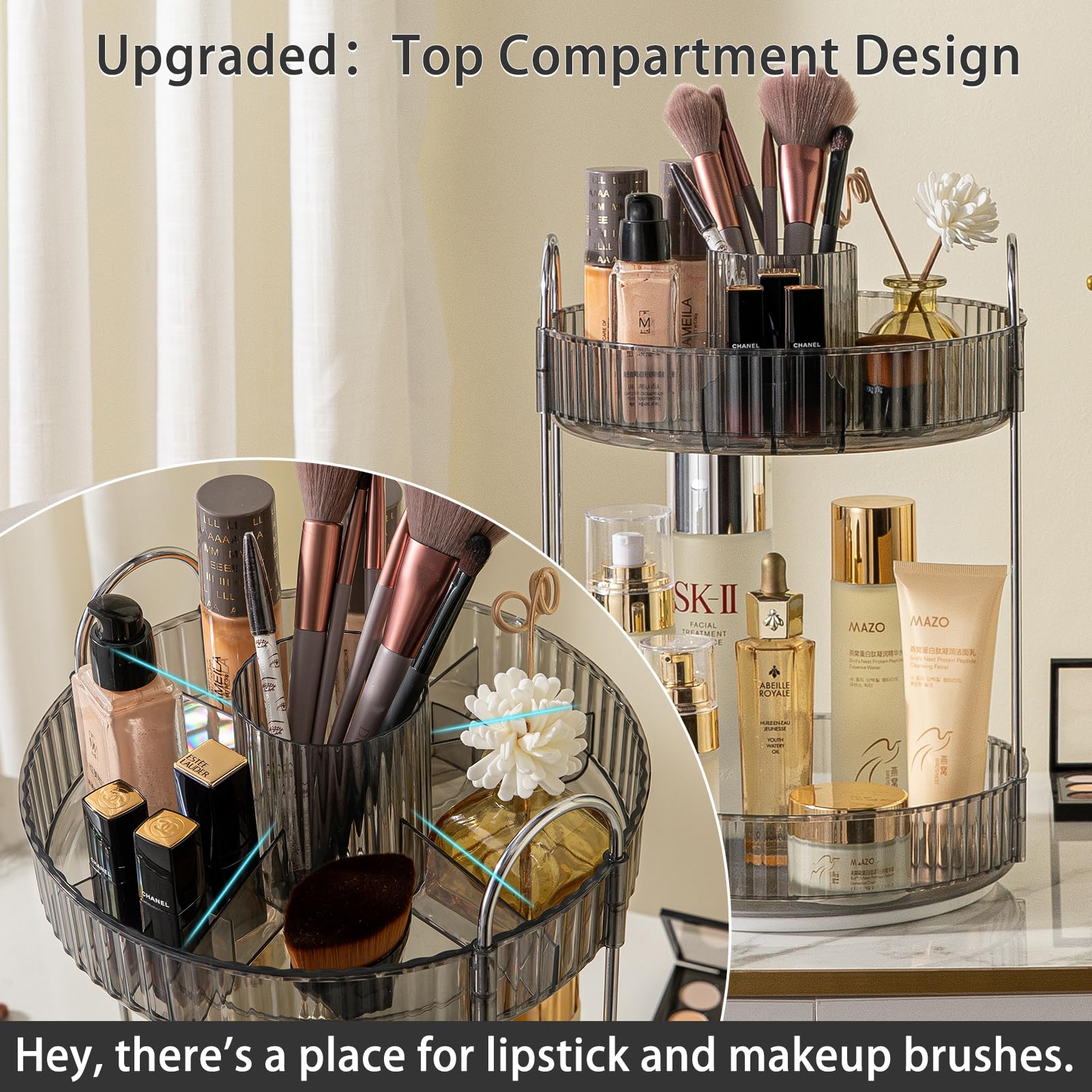 Shuang Qing 360 Rotating Makeup Organizer, High-Capacity Bathroom Countertop Vanity Organizers, 2 Tier Spinning Skincare Storage