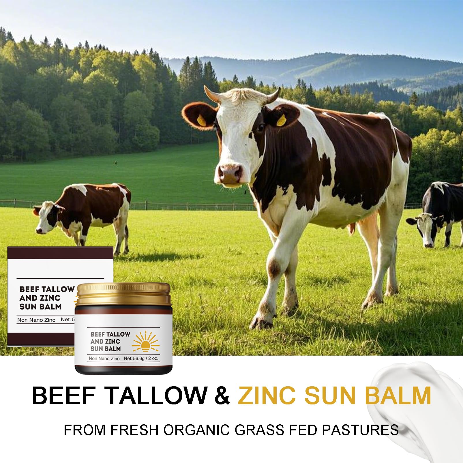 Beef Tallow and Zinc Sun Balm - Beef Tallow for Skin Instant Sun Protection, Beef Tallow Sunscreen for Face and Body Non Greasy