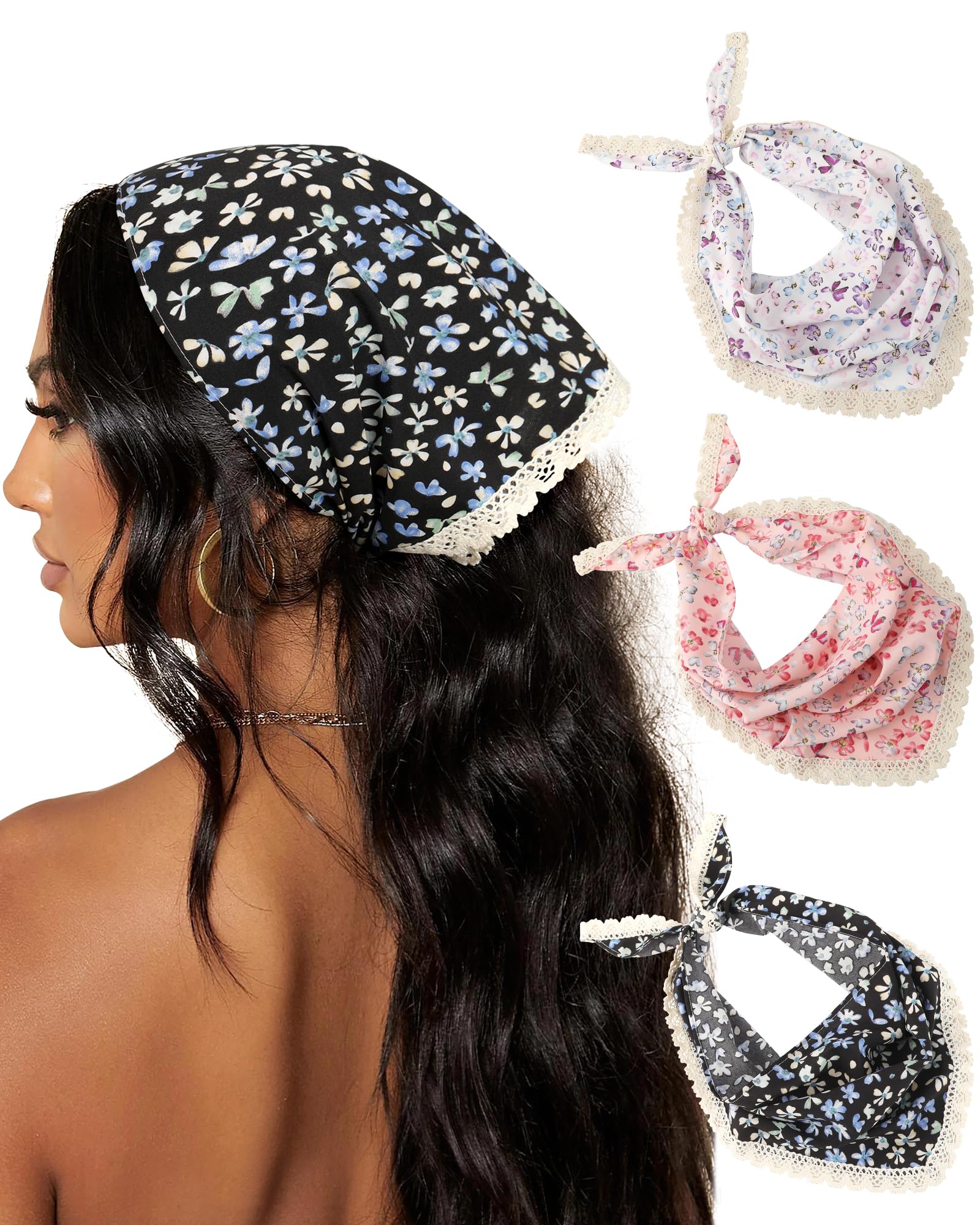 AWAYTR 3Pcs Hair Bandanas Head Kerchief for Women Girls Tie-Back Boho Hair Scarf Headband Bandana Triangle Head Scarf (Blue/Pink