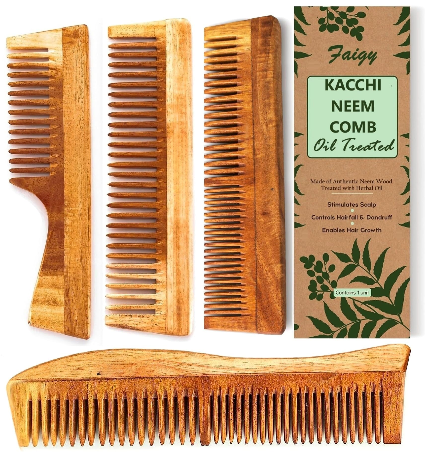 Faigy 4Pc Kacchi Neem Comb, Wooden Comb | Hair Growth, Hairfall, Dandruff Control | Hair Straightening, Frizz Control | Comb For