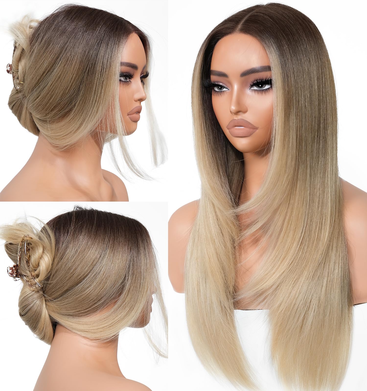 BrownBomb Ombre Blonde Wear and Go Glueless Wigs Pre Plucked Pre Cut for Beginners Synthetic Lace Front Wigs With Bangs Blonde L