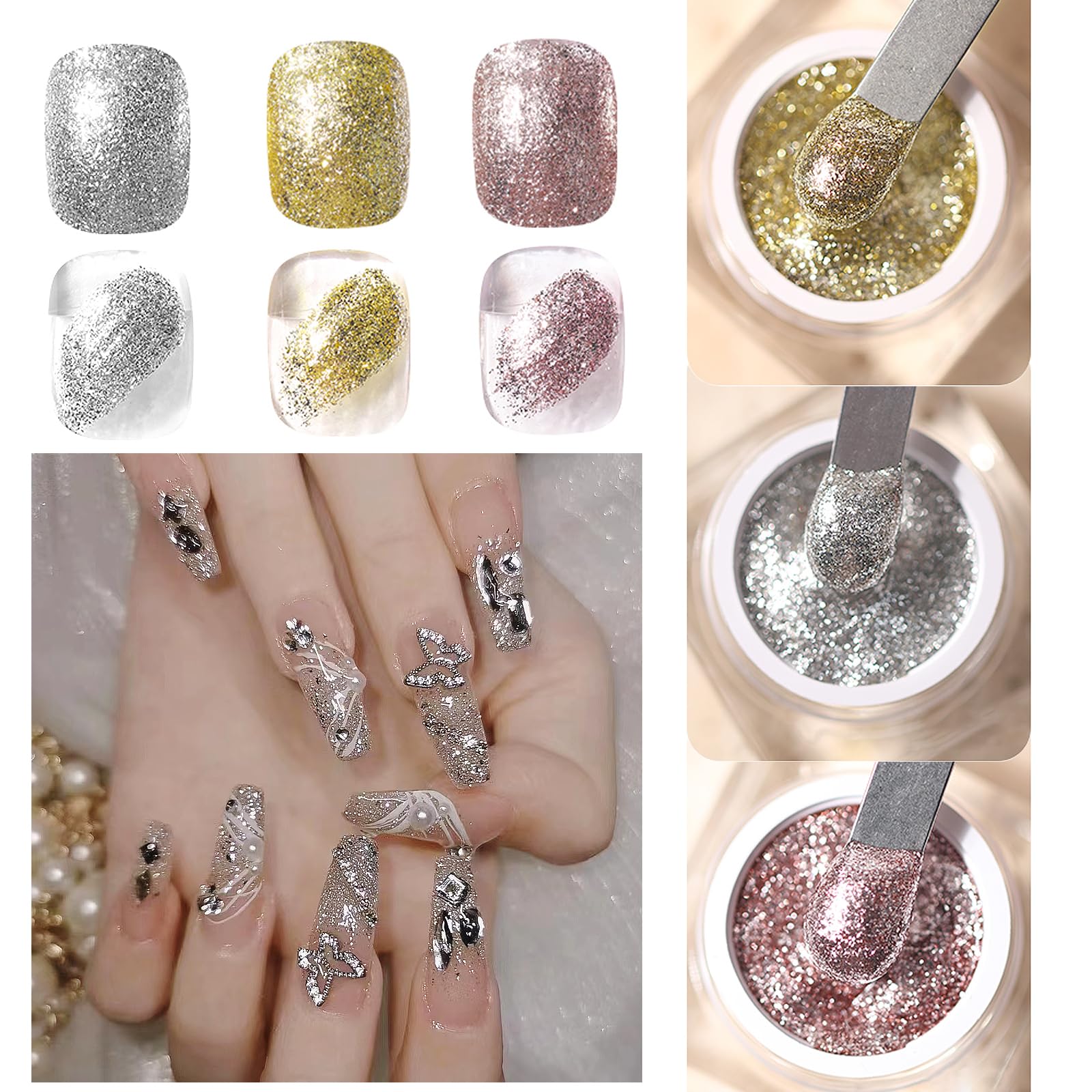 Gorvalin 3 Boxes Glitter Gel Nail Polish, 3D Gold Silver Rose Gold Nail Art Painted Liner Gel Nail Polish Holographic Chrome Spa