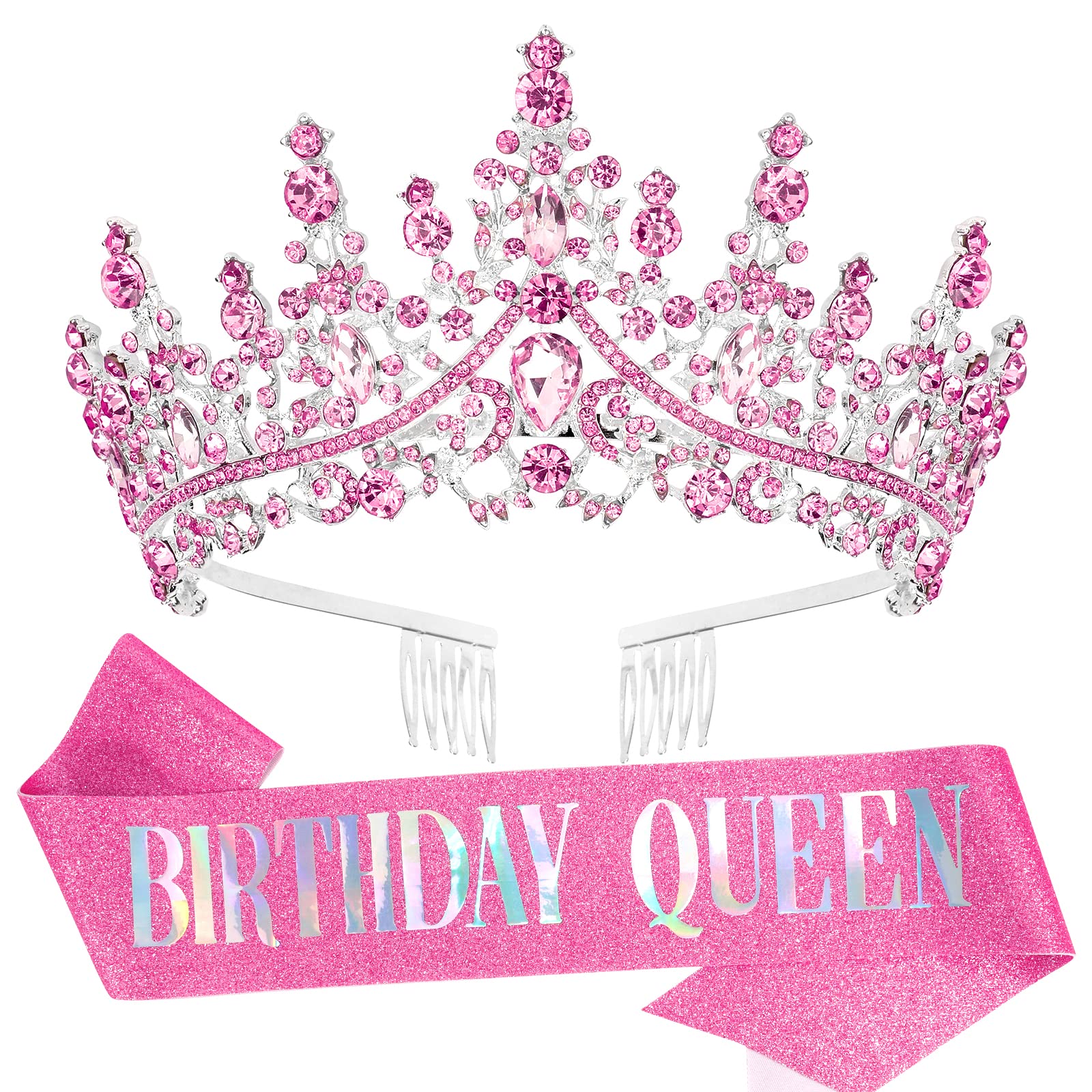 TIHEBAX Birthday Tiara and Sash for Women Girls Birthday Queen Series Graceful Birthday Crown and Sash for Party Gift Halloween 
