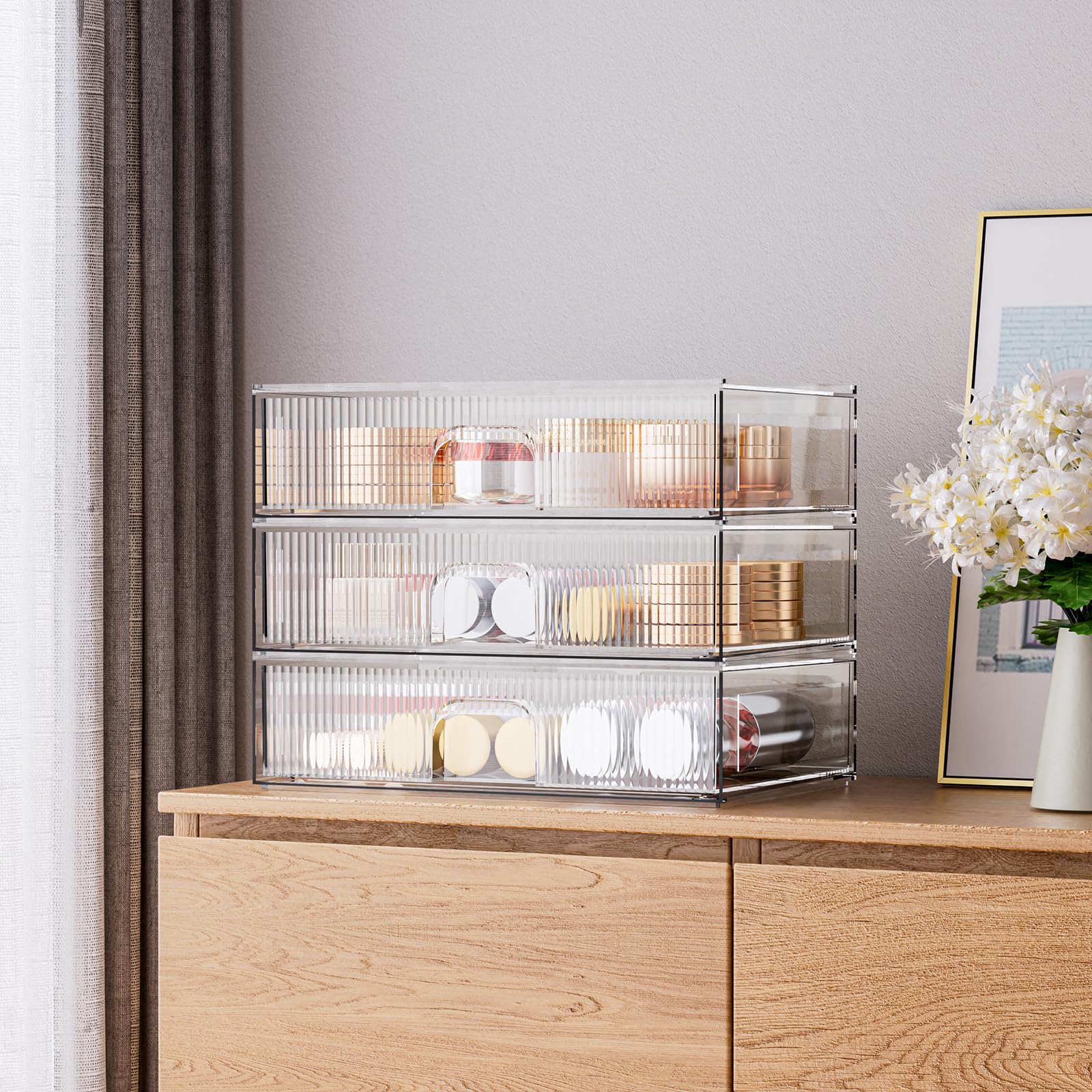 Zhiai Stackable Storage Drawer, 3 Piece Acrylic Organiser For Cosmetics And Beauty Products, Suitable For Dressers, Bathrooms, C