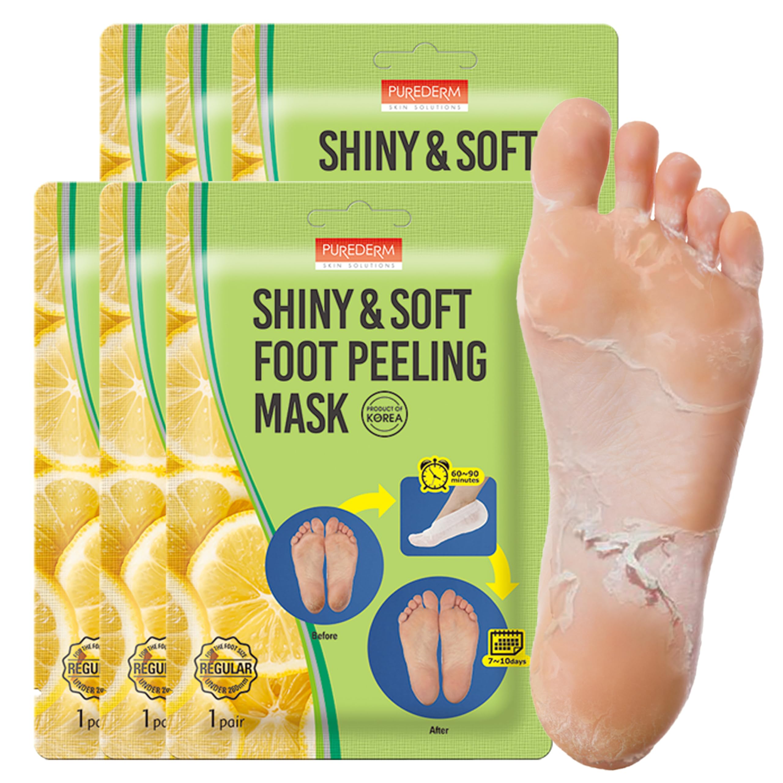 Purederm Shiny & Soft Foot Peeling Mask (6 pack) - For smooth and moist baby skin with Exfoliating peel off Calluses, Dry Skin, 