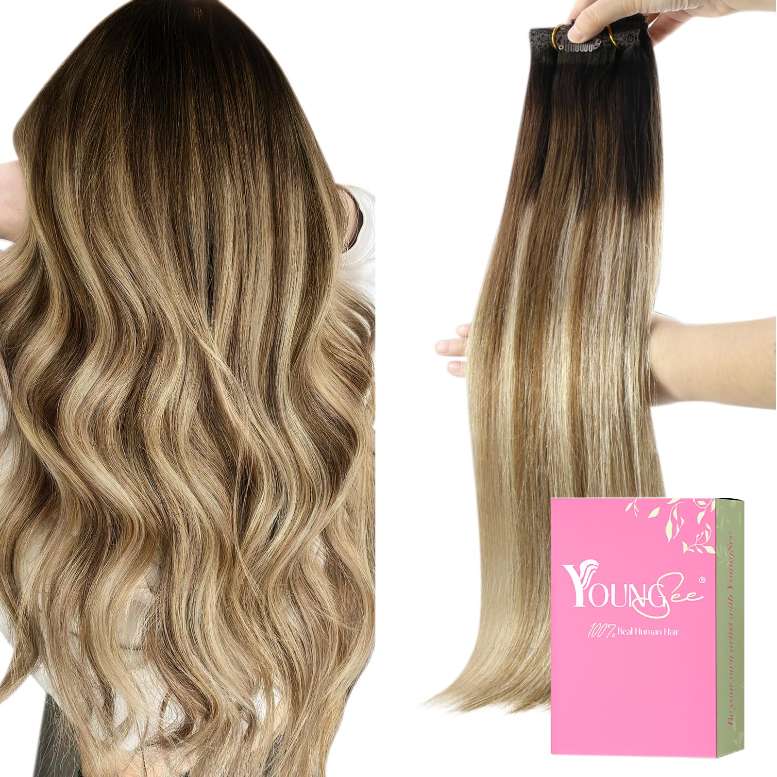 YoungSee 150g 24 inch Clip in Hair Extensions Real Human Hair Ombre hair extensions clip Dark Brown Roots Blending into Medium B