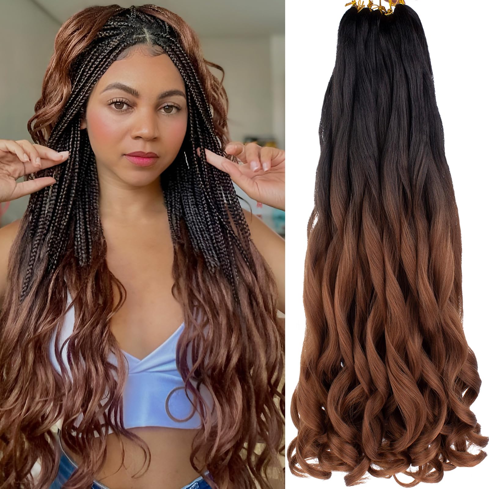COOKOO 9 PCS Pre Stretched French Curly Braiding Hair 18 Inch Ombre Brown Braiding Hair for Women Bouncy French Curl Hair Spanis