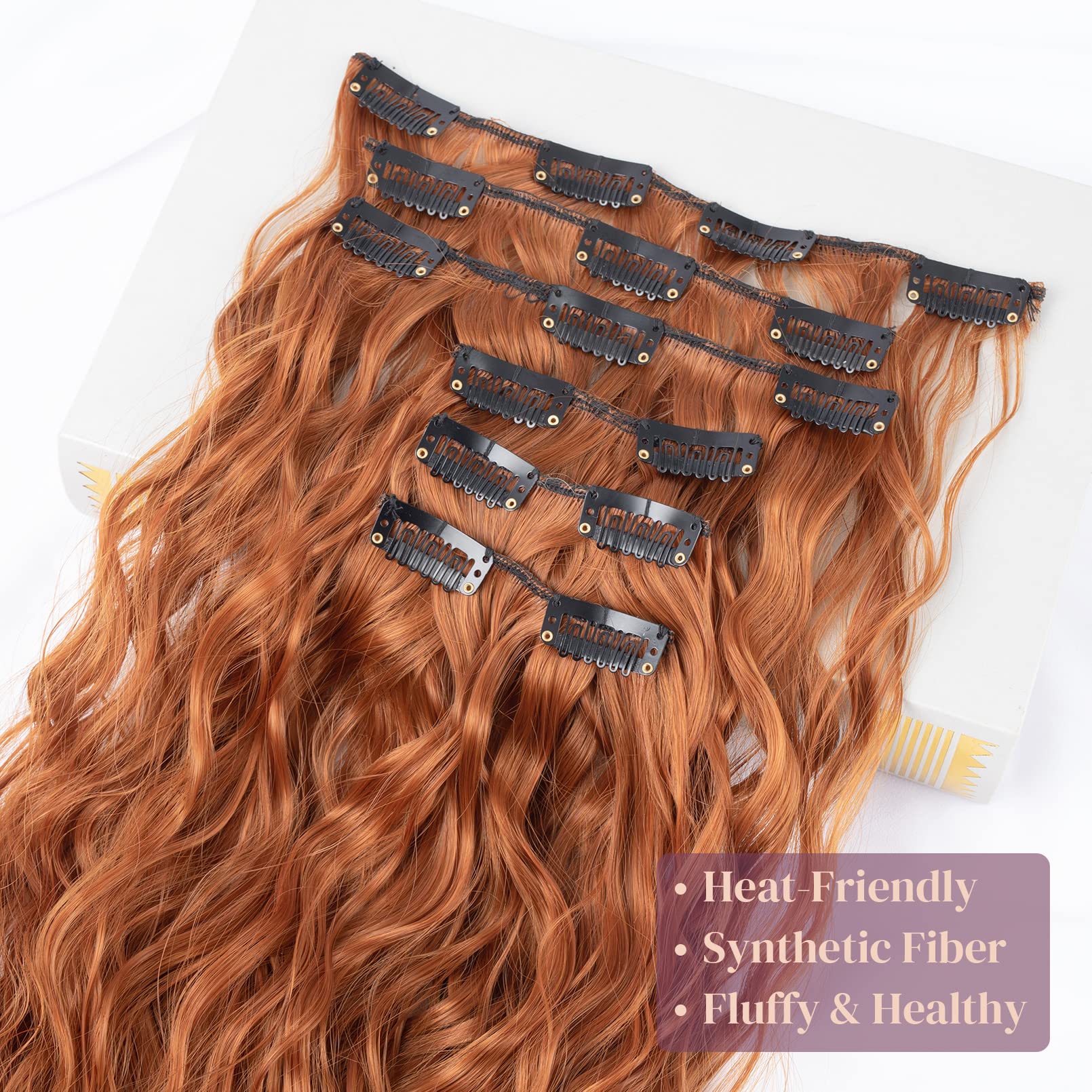 Lonai Clip In Hair Extensions, 6Pcs Curly 24'' Long Synthetic Clip On Hairpiece For Women-Copper Red