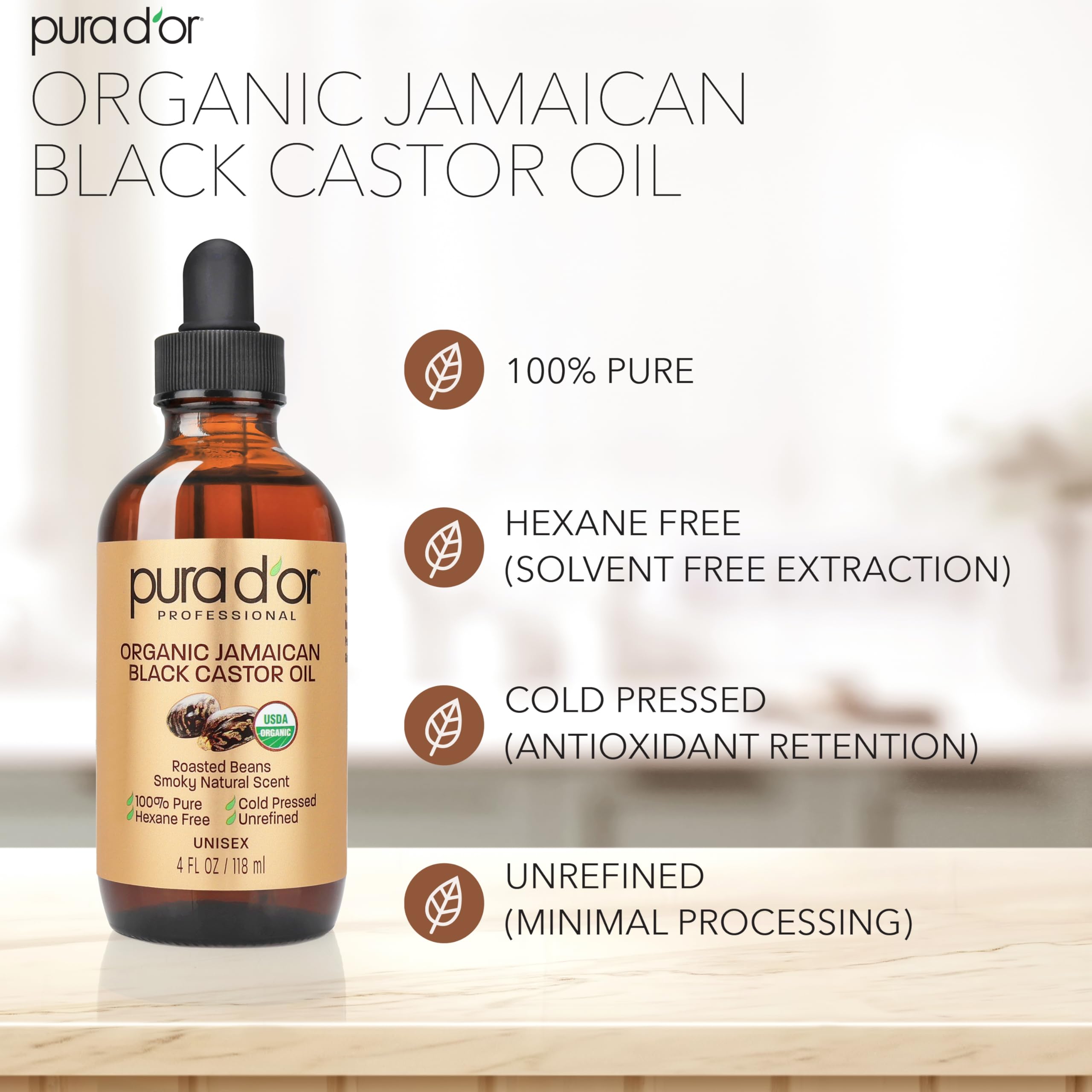 PURA D'OR 4 Oz ORGANIC Jamaican Black Castor Oil - Natural Smoky Scent - 100% Pure USDA Certified Cold Pressed, Hexane Free Eyel