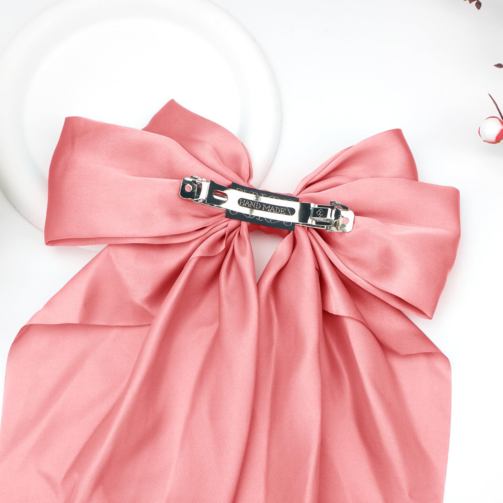 Big Watermelon Red Silky Satin Hair Bows For Women - Long Tail Cute Ribbon Coquette Hair Clips And Barrettes For Girls